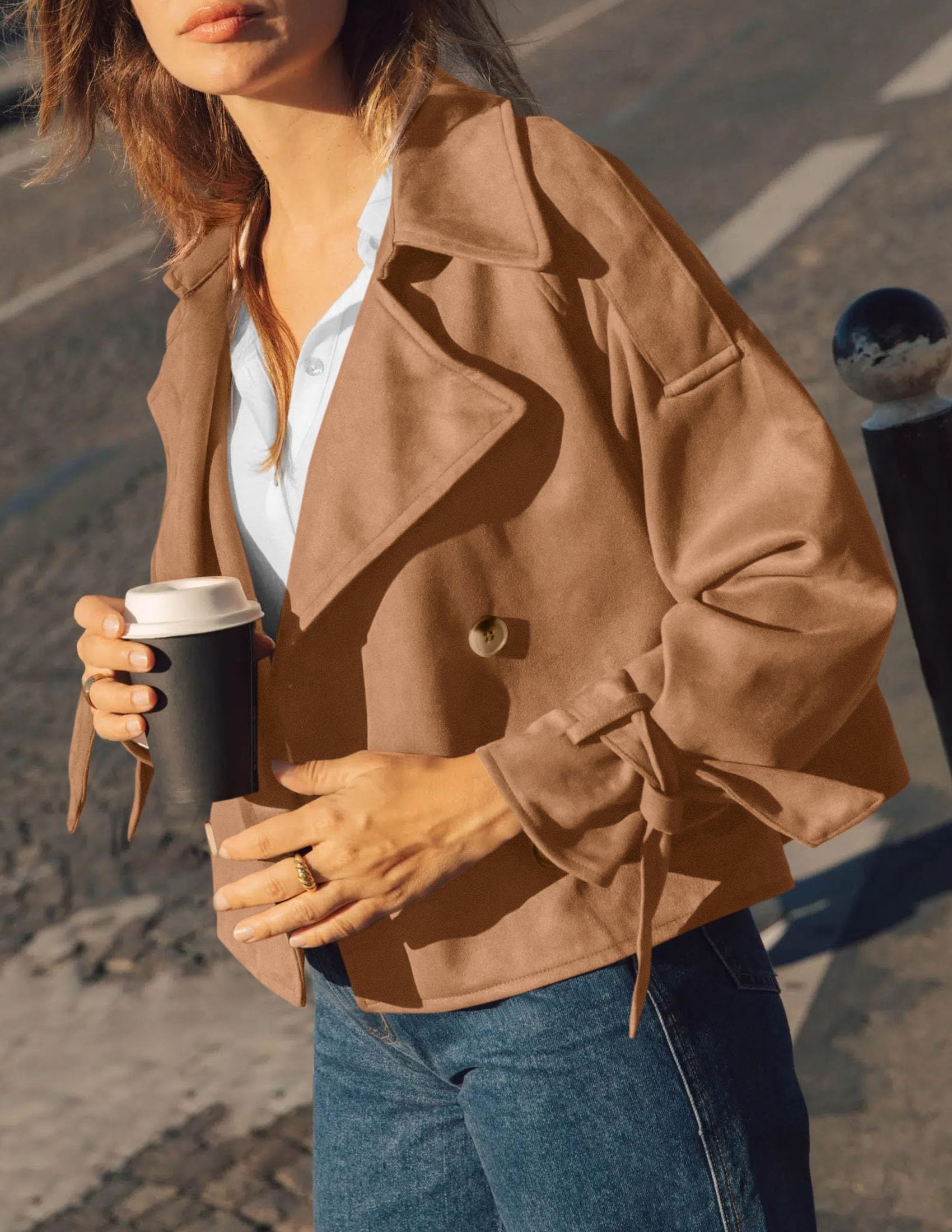 Women Faux Suede Double Breasted Trench Coat Cropped Jackets