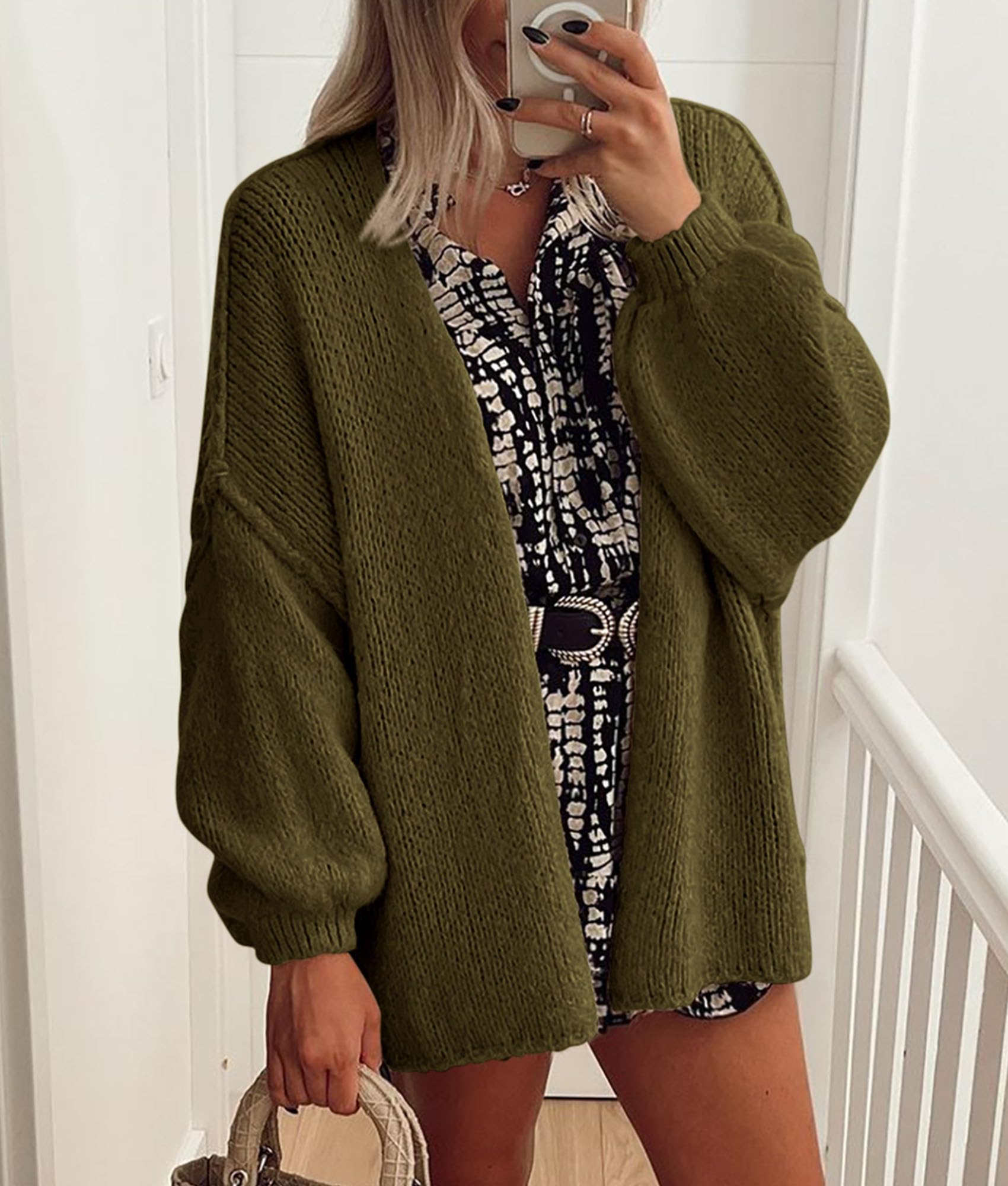 Womens Open Front Oversized Cardigan Sweaters,Army Green,XS