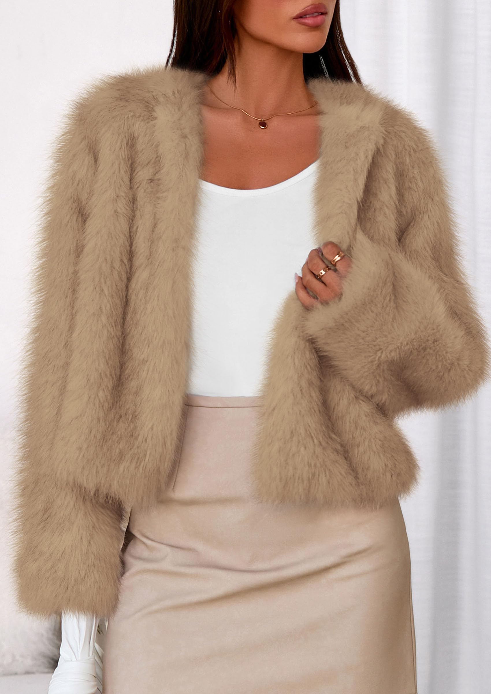 Womens Winter Coats Open Front Faux Fur Jacket,Light Khaki,XXL