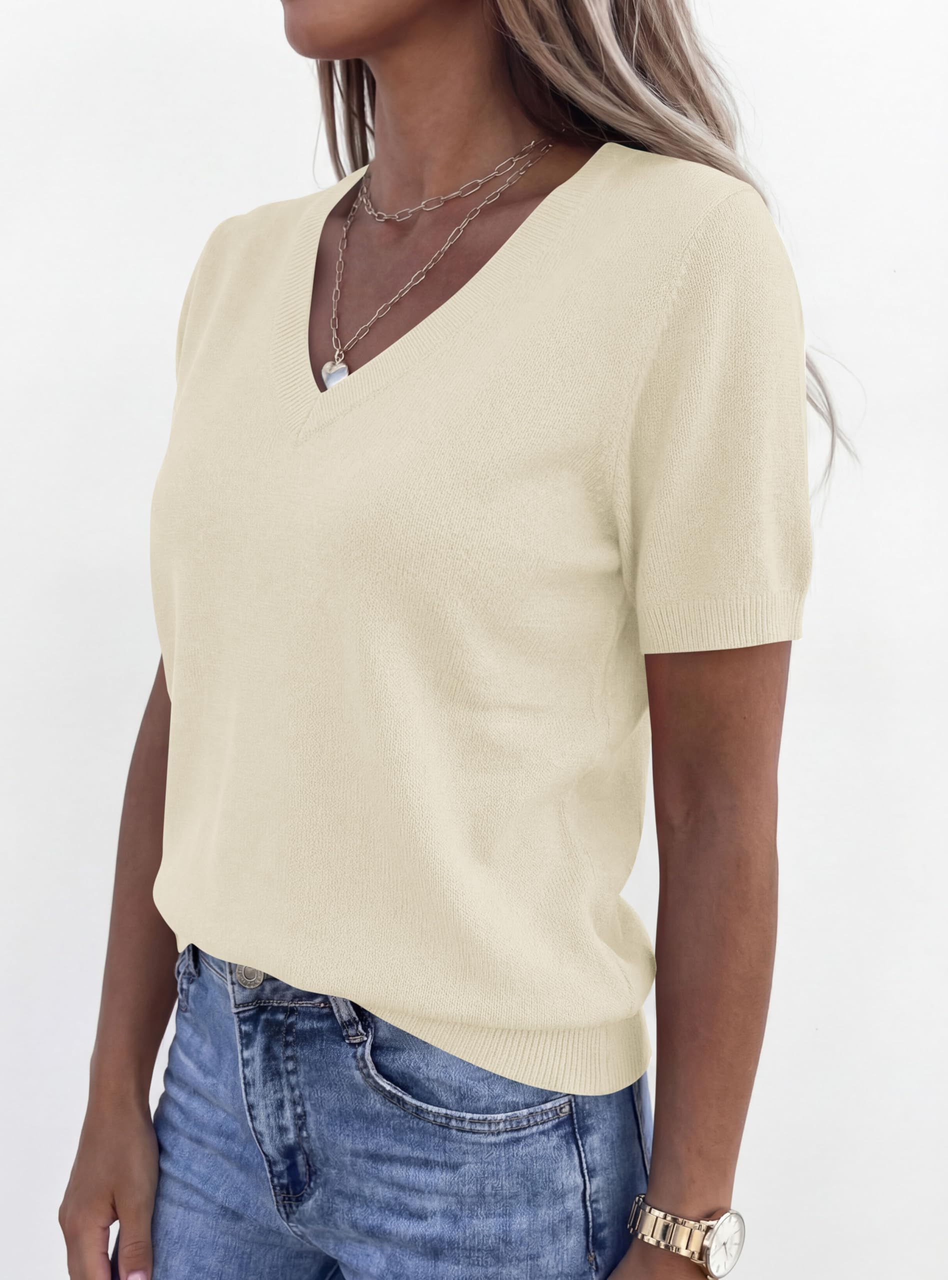 Womens Short Sleeve Sweater V Neck Tops,Beige,M