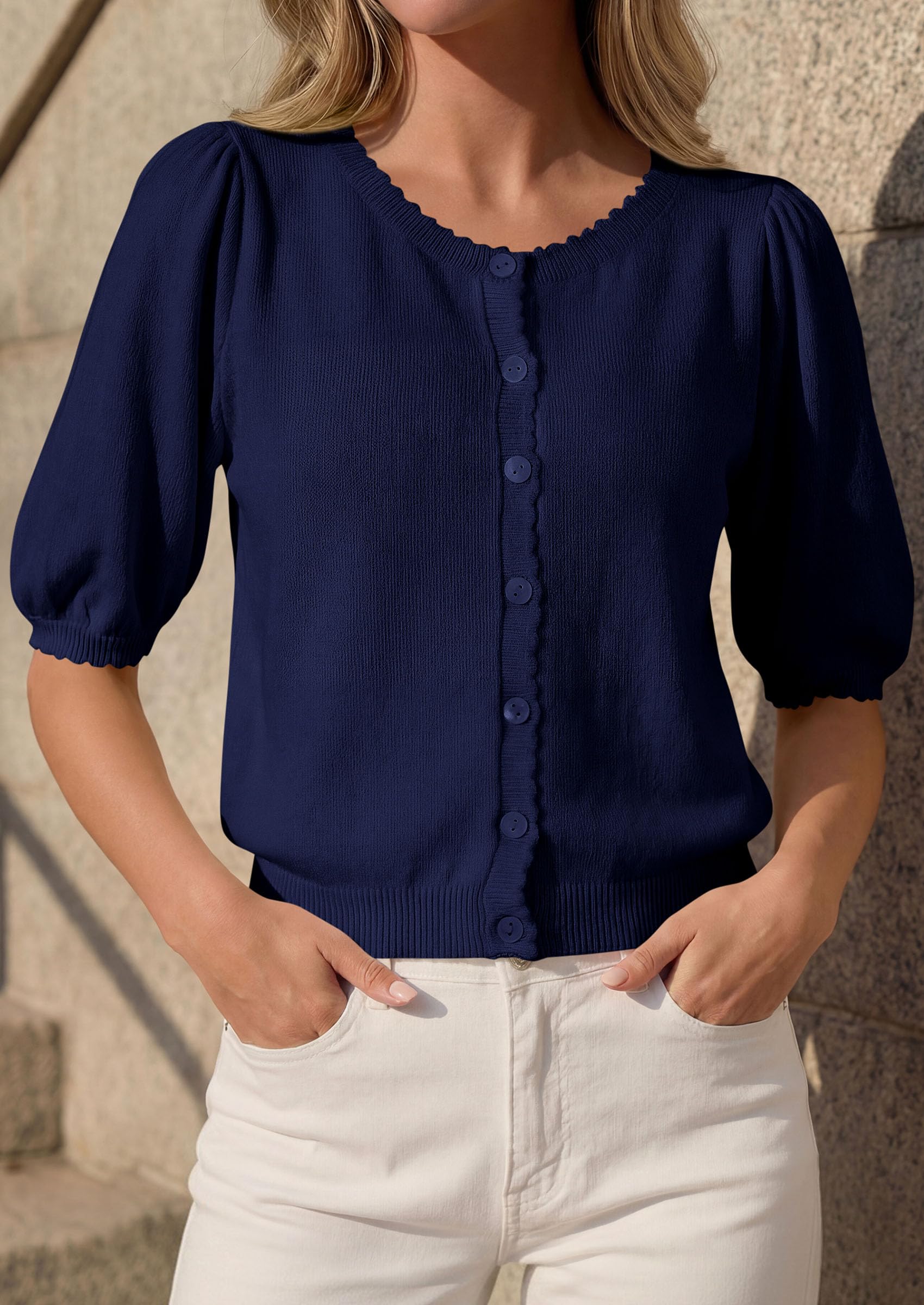 Women Short Sleeve Lightweight Knit Cardigans, Navy Blue,S