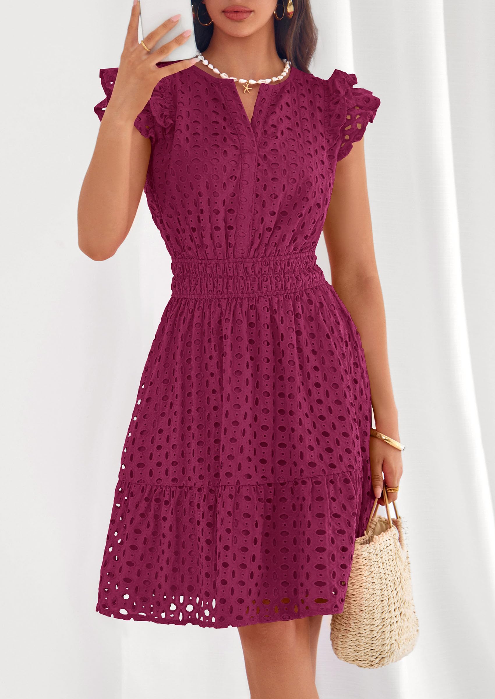 Women's Summer V Neck Eyelet Short Dress (Burgundy,Small)