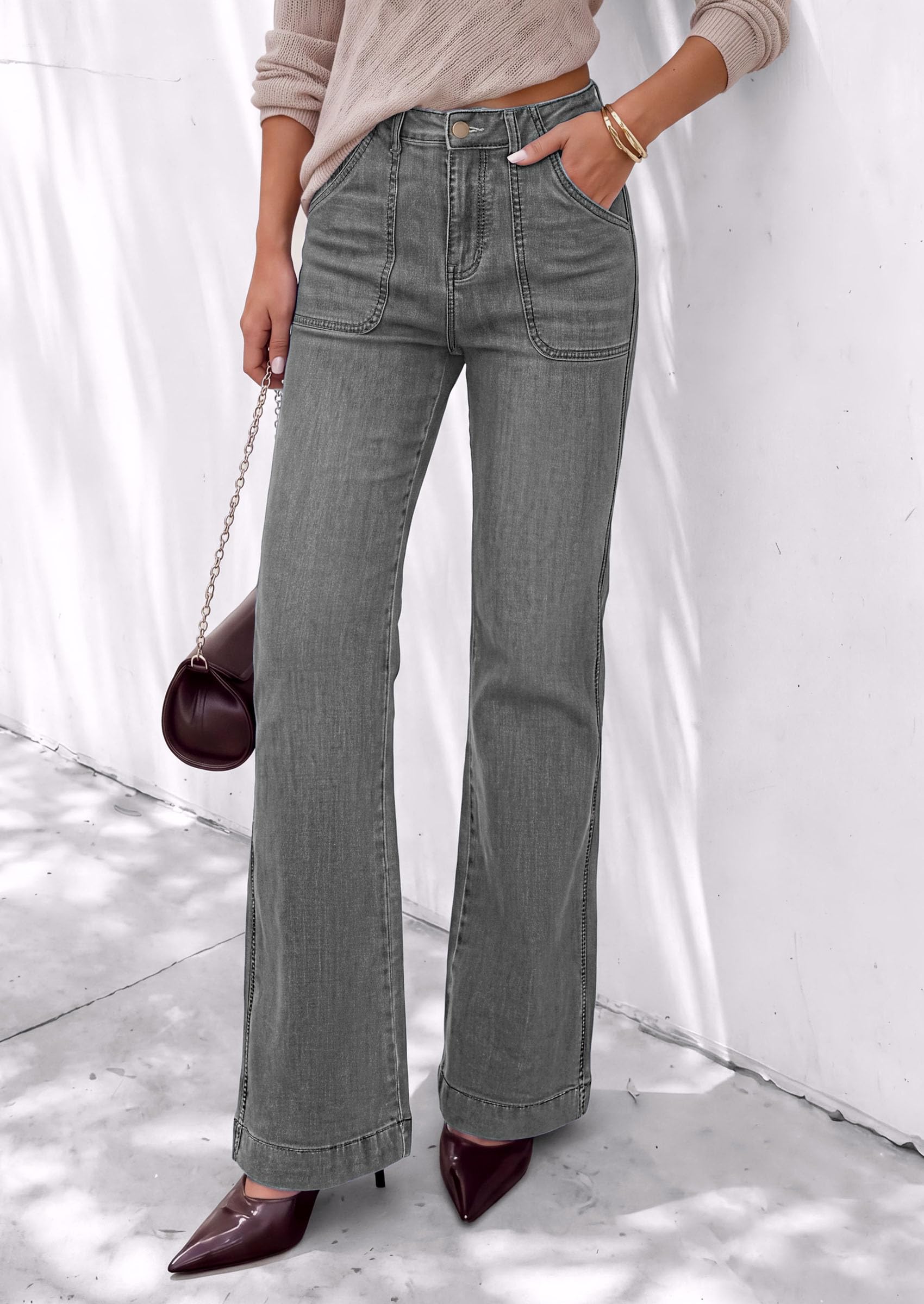Womens High Waisted Wide Leg Jeans Demin Pants Grey