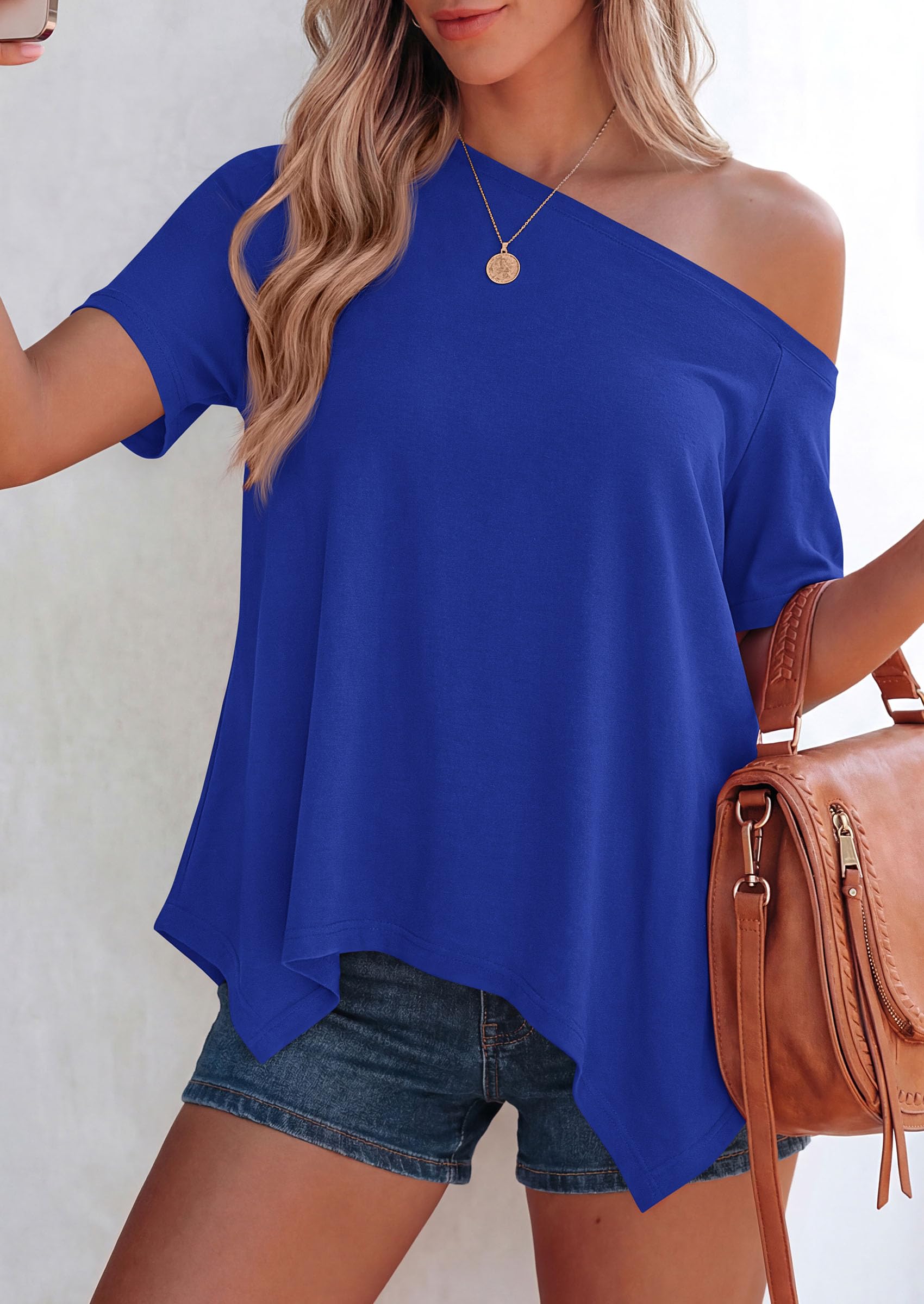 Off Shoulder Tops for Women Oversized Tshirts, Royal Blue,S
