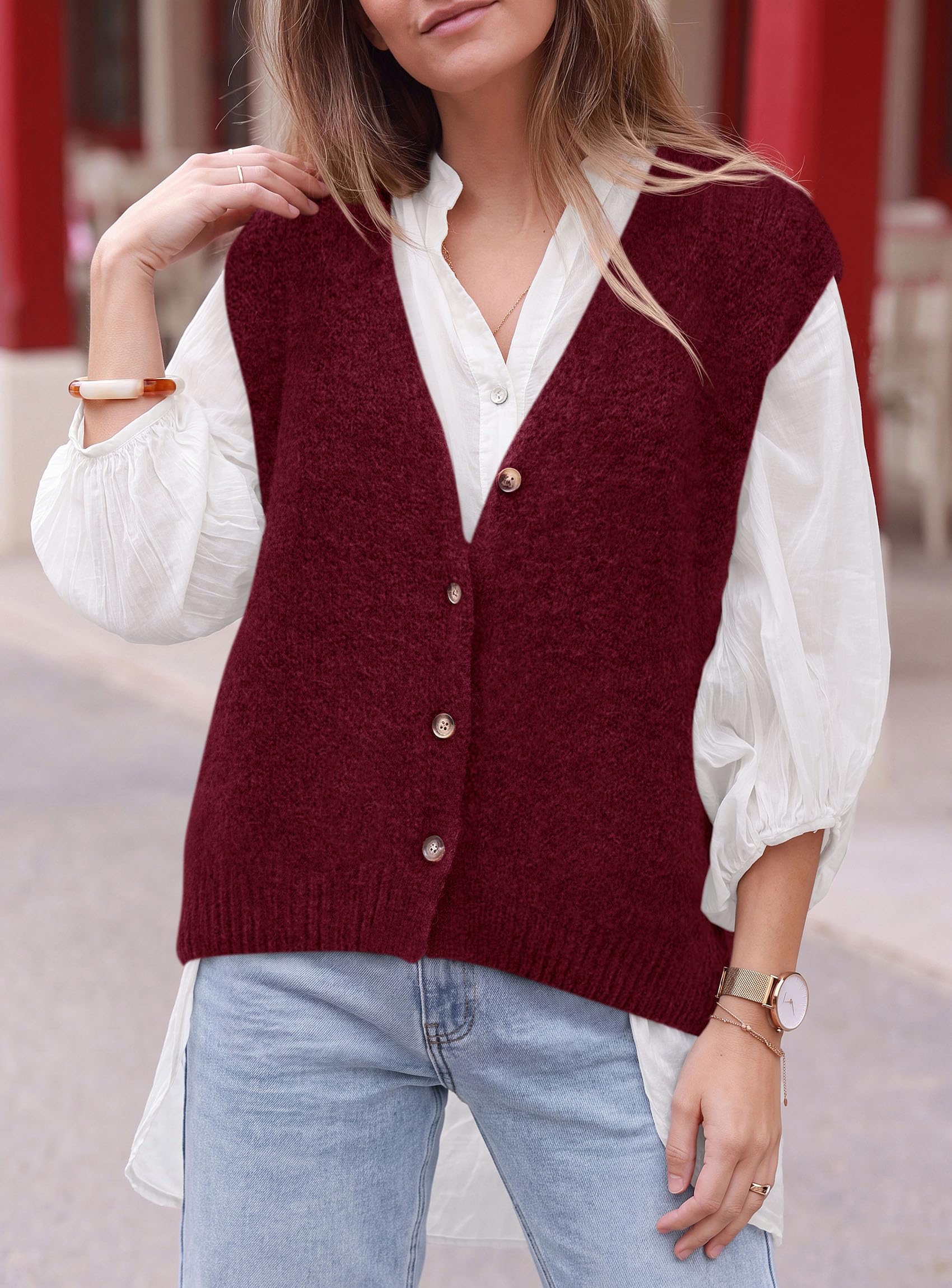 Womens Fall Sleeveless Button Down Sweater Vest,Wine Red,M