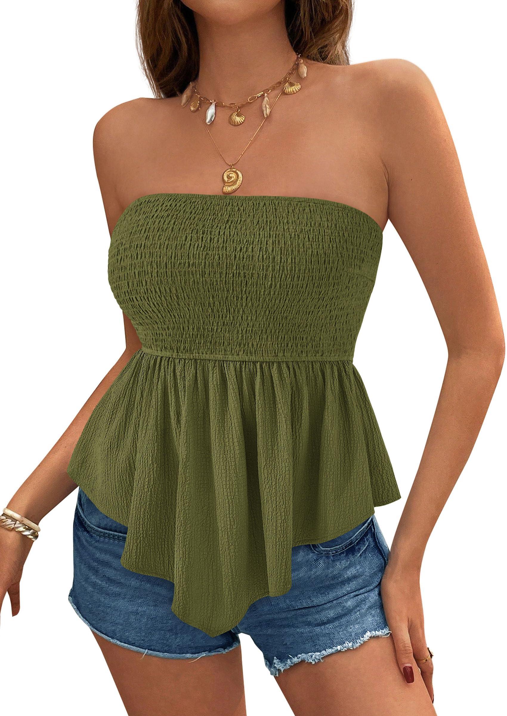 Women's Strapless Smocked Peplum Tube Top, Army Green,S