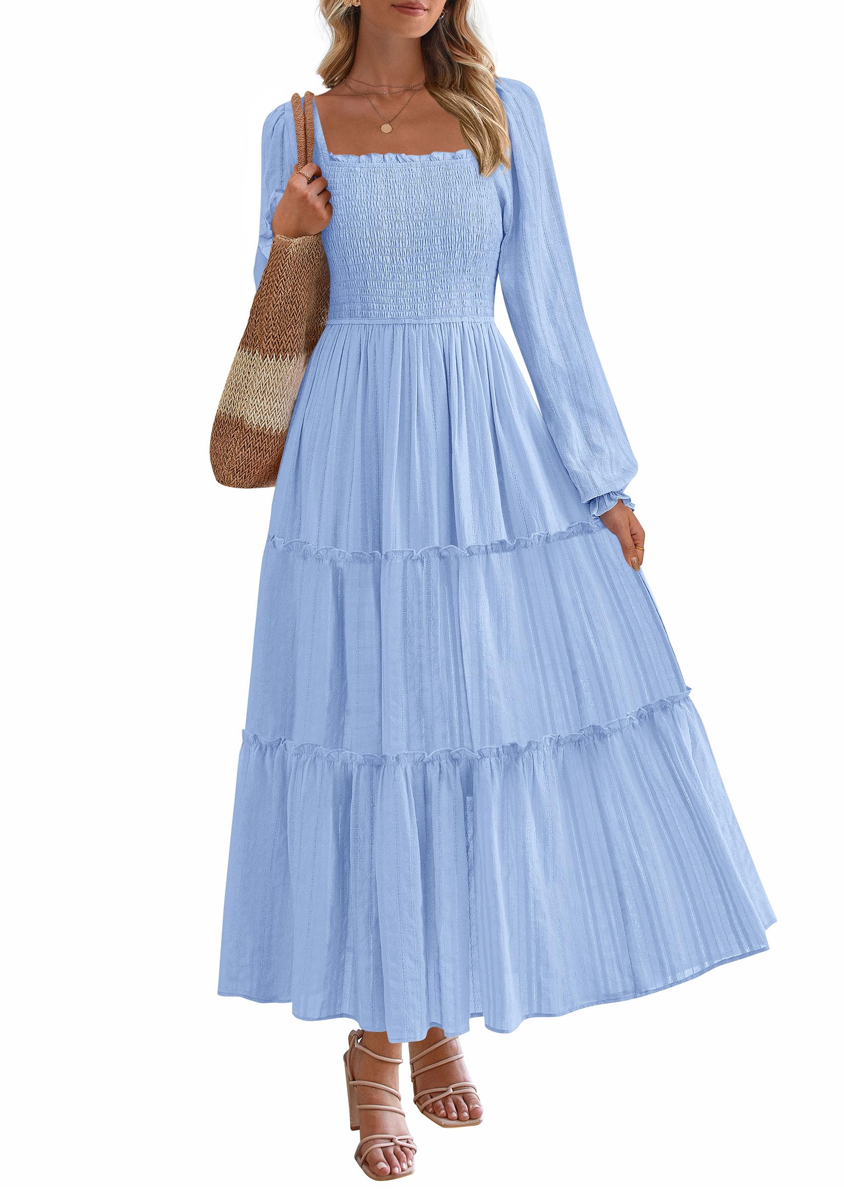 Women's Long Sleeve Ruffle Flowy Maxi Dress,Light Blue,M