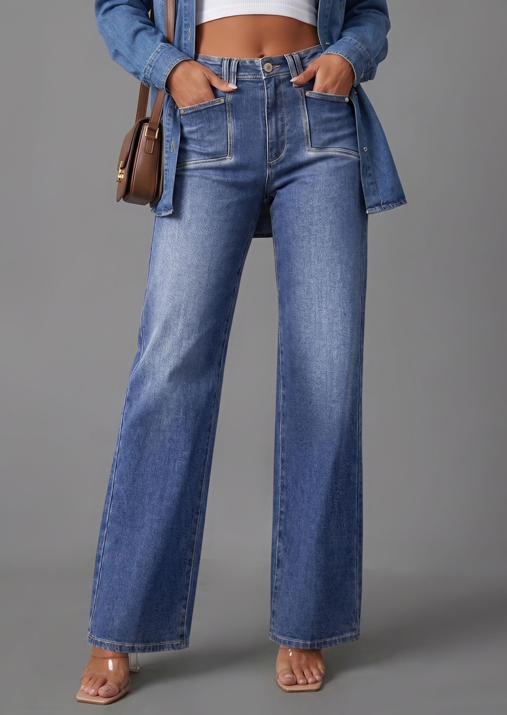 High Waisted Wide Leg Jeans for Women 2026 Trendy,Dark Blue,10