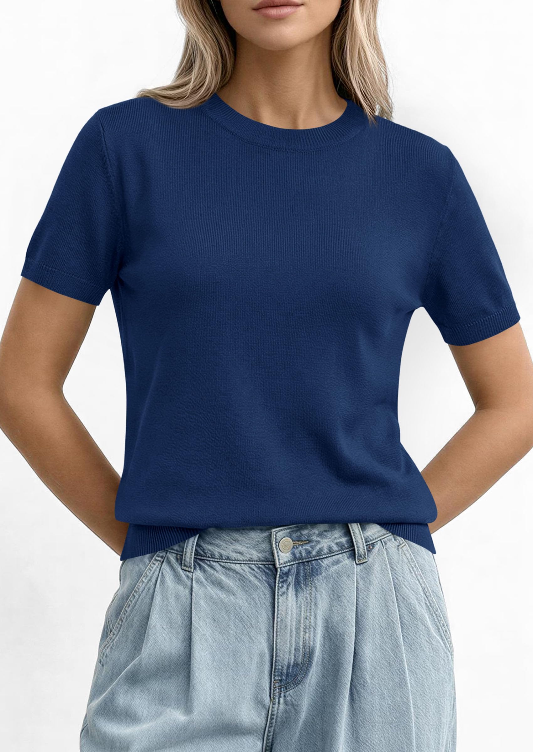 Women's Short Sleeve Sweaters Summer Tops,Navy Blue,S