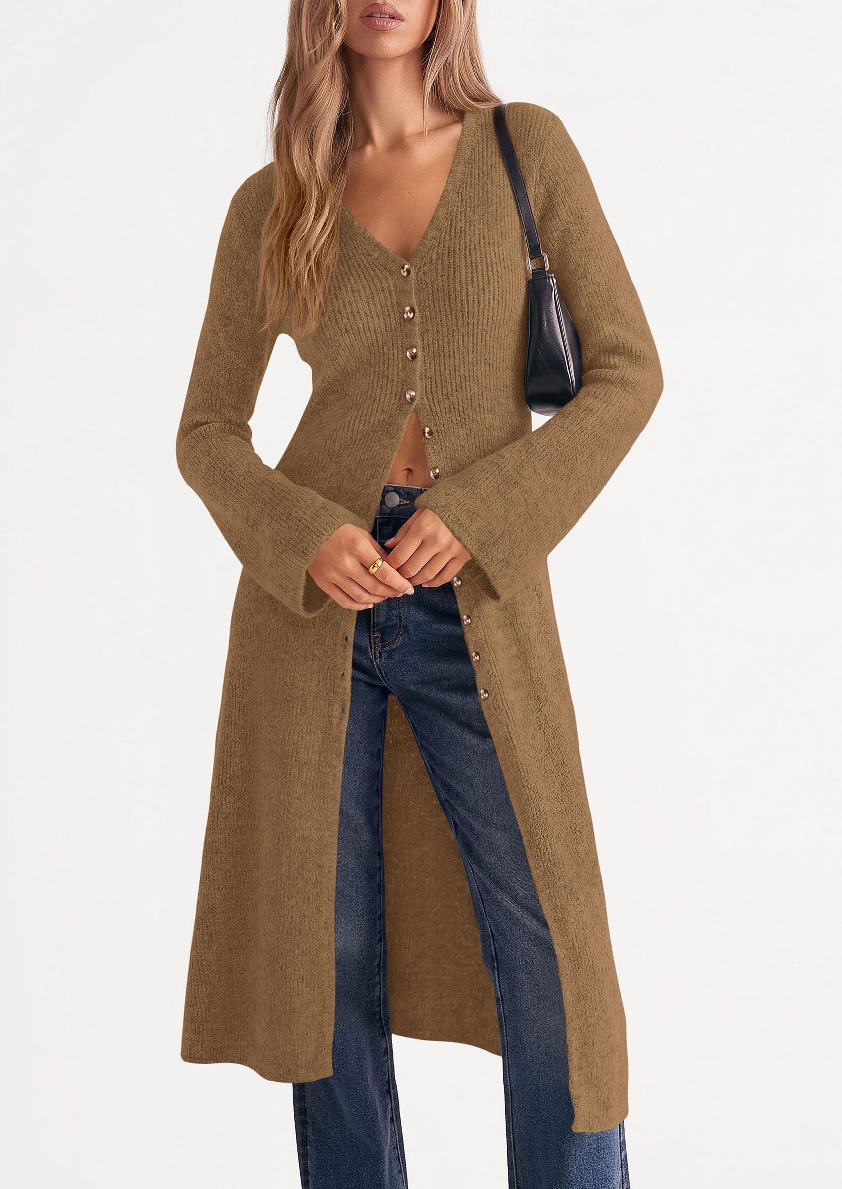 Women Long Cardigan Bell Sleeve Sweater Dress (Dark Khaki,S)