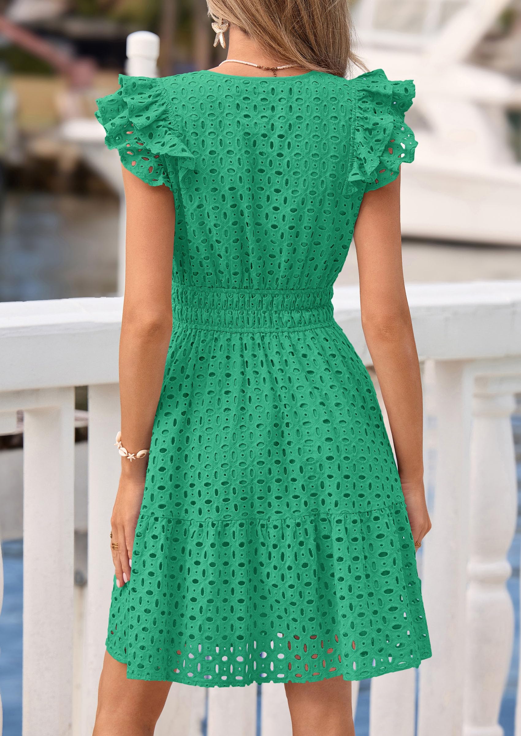 Women's Summer V Neck Eyelet Short Dress (Green,Small)