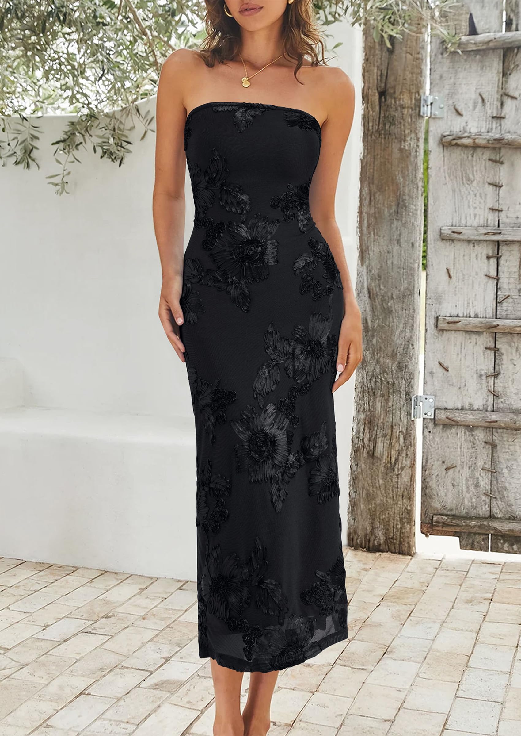 Women's Summer Wedding Guest Floral Midi Dress, Black,XS