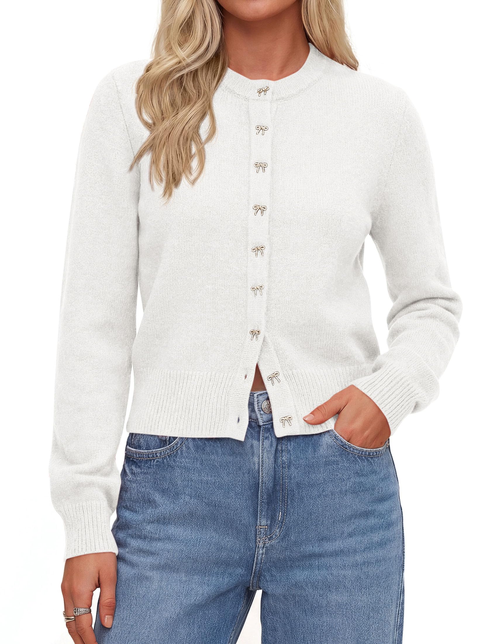 Cardigan Sweaters for Women Cropped Bow Button Up Cardigan