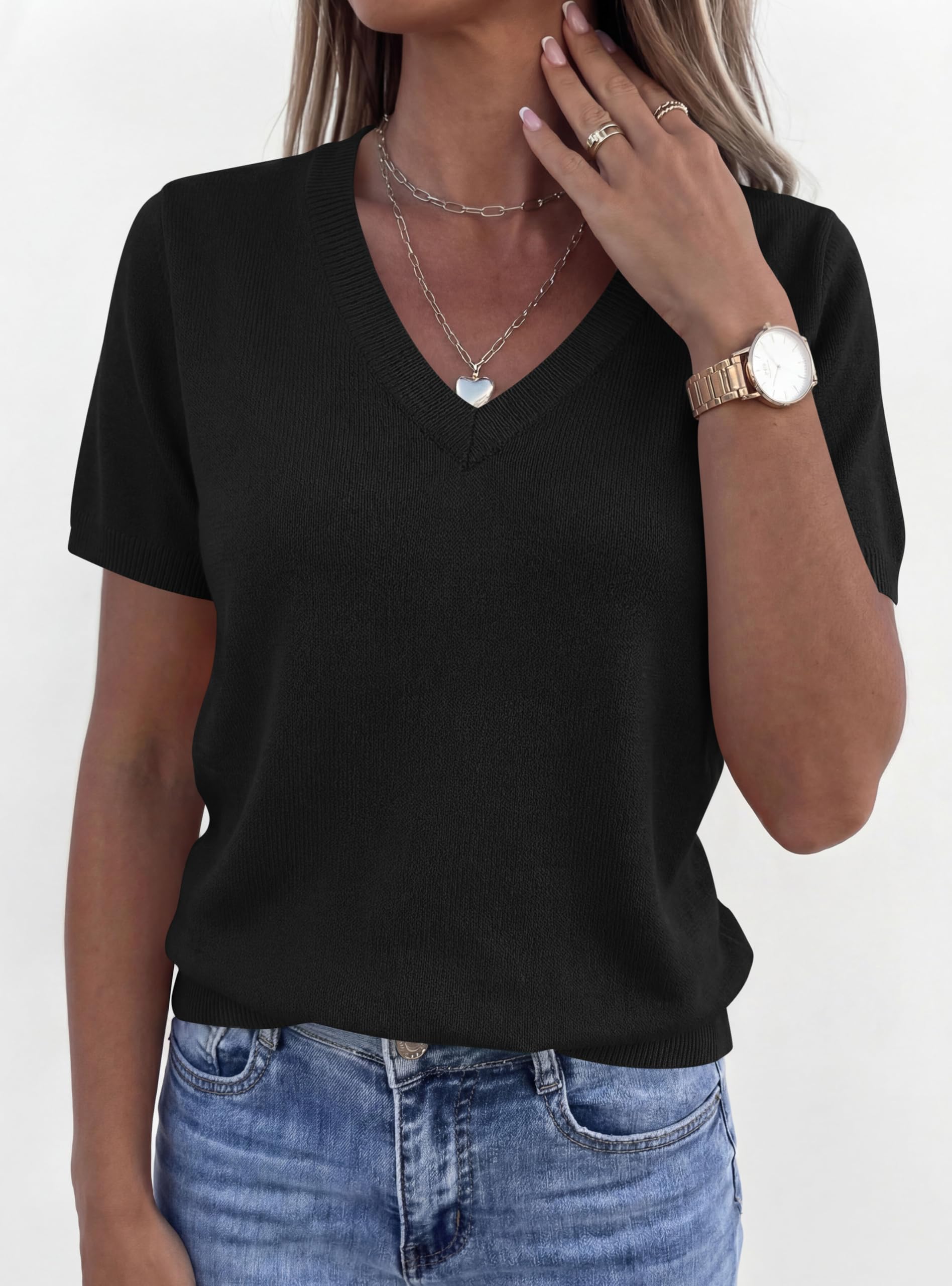 Womens Short Sleeve Sweater V Neck Tops,Black,S