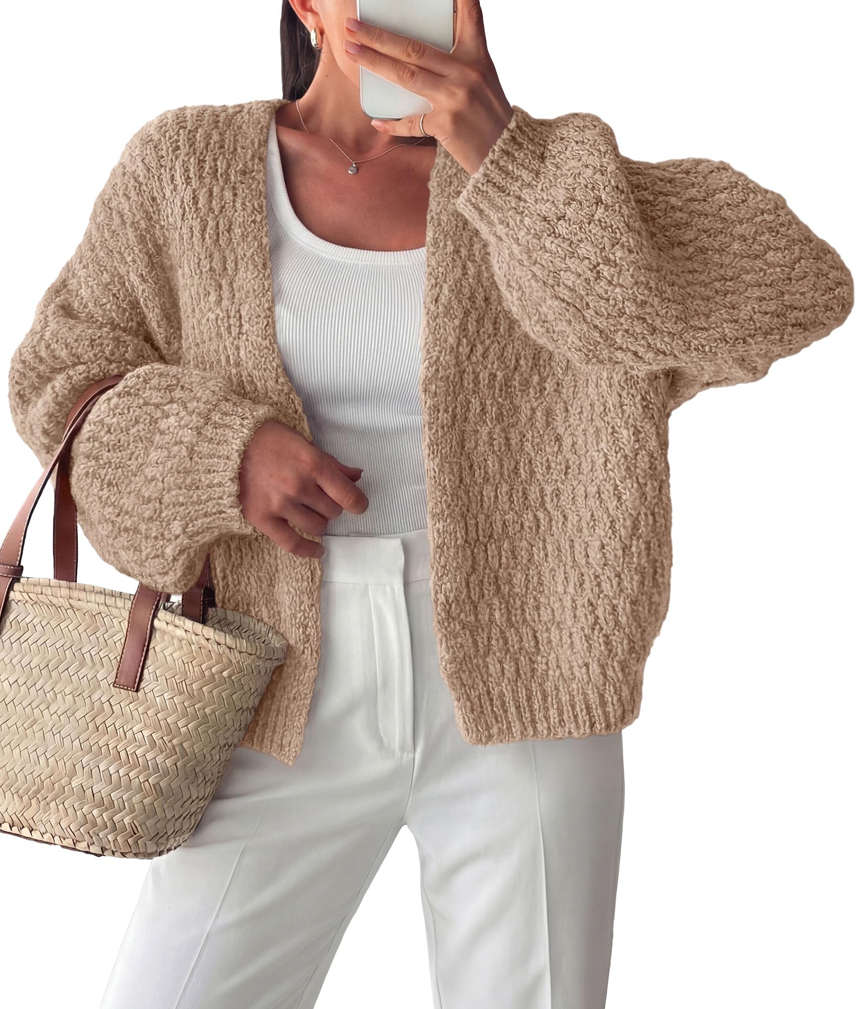 Women's Fall Cardigan Open Front Chunky Sweaters Khaki S