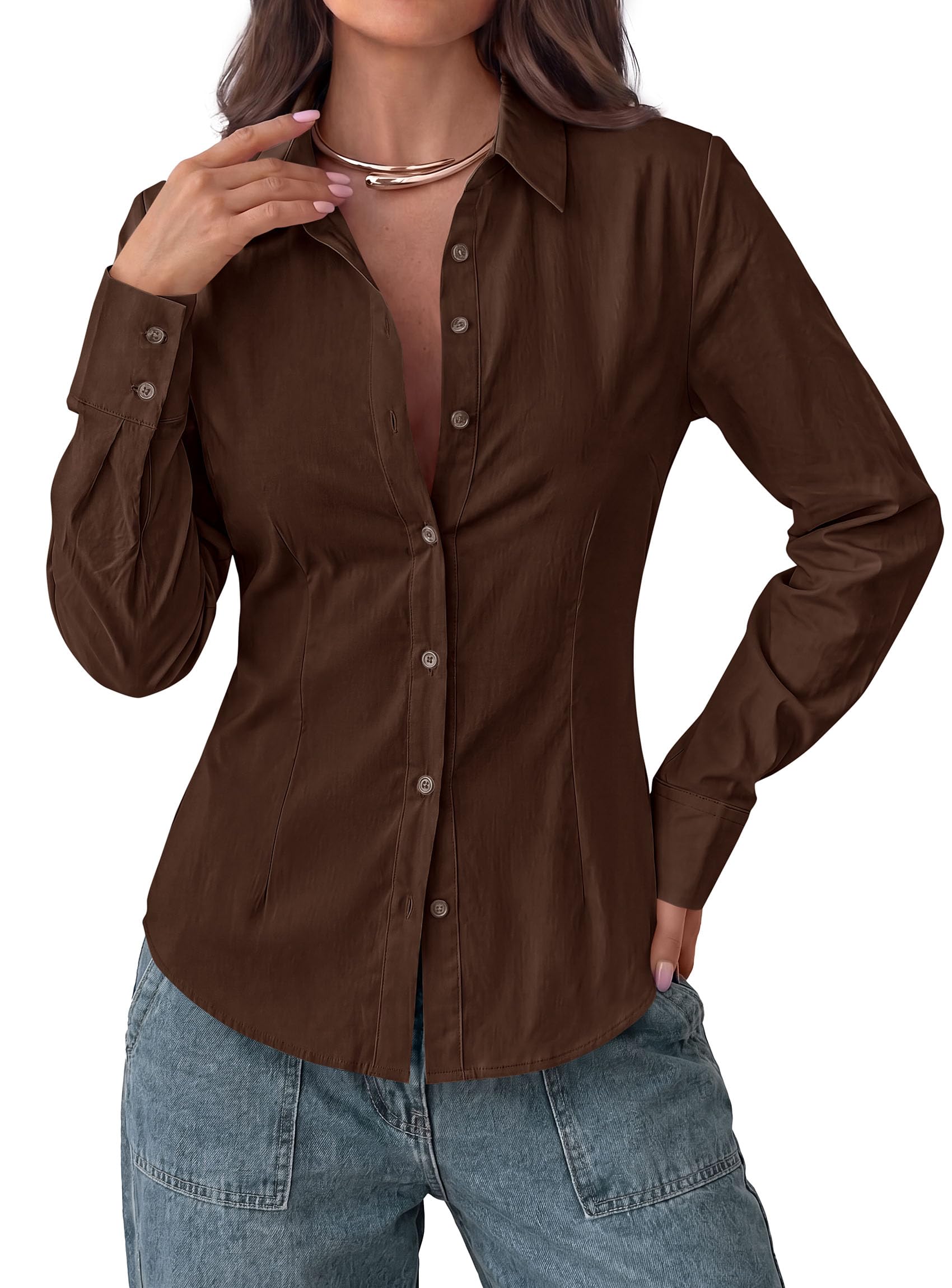 Womens Button Down Shirts Long Sleeve Blouse (Brown,S)