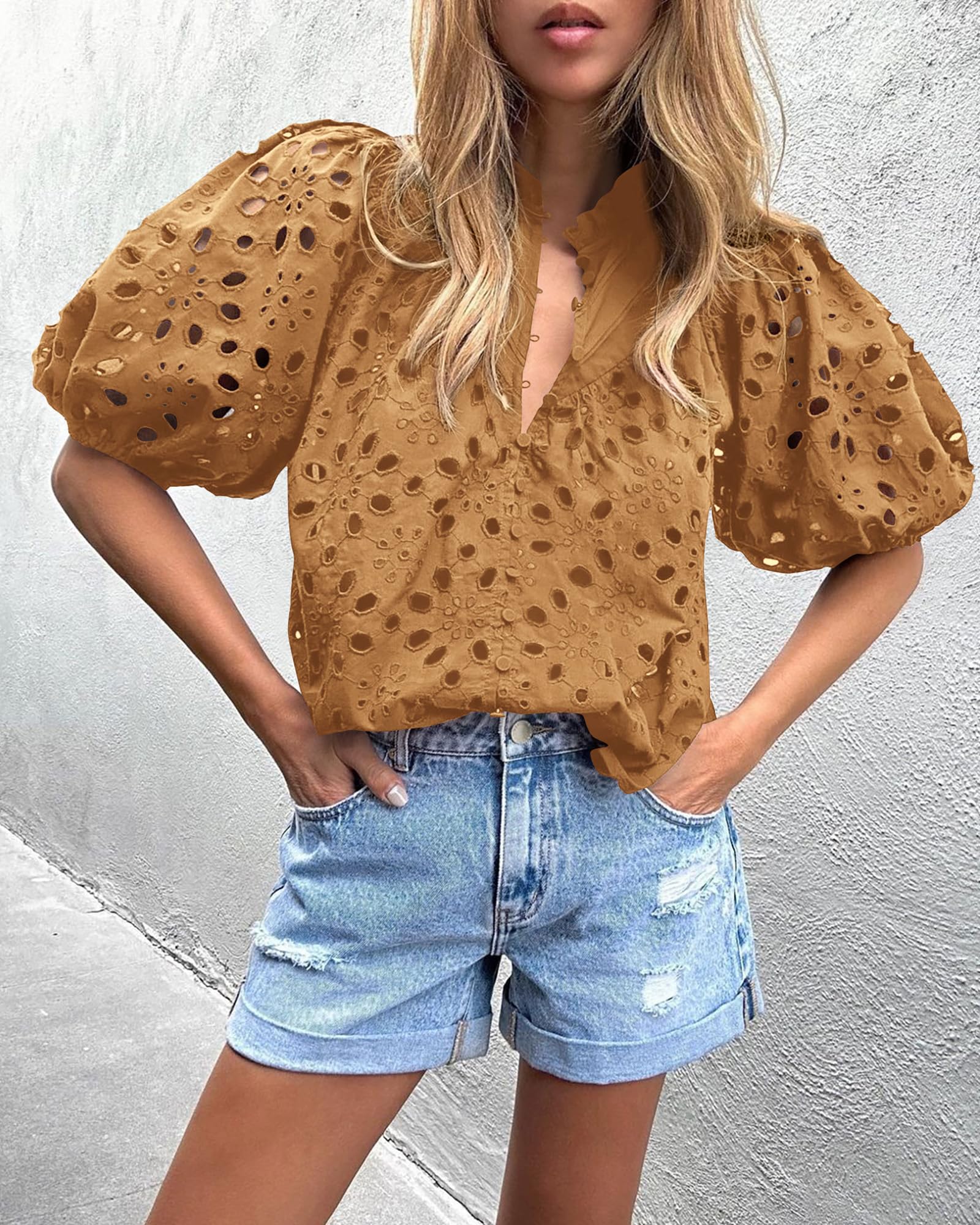 Womens Tops Boho Eyelet Puff Sleeve Blouse, Khaki,S