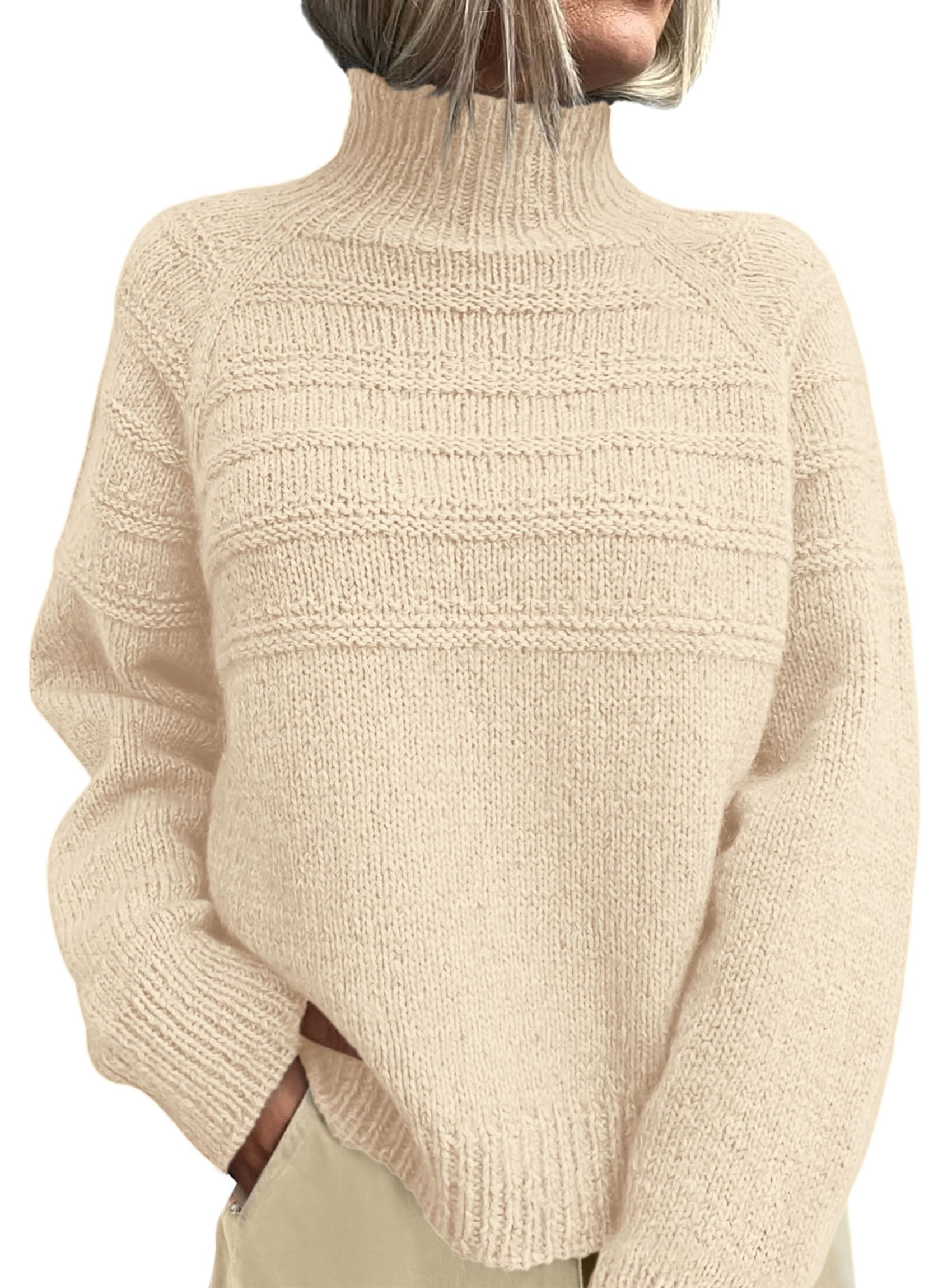 Women's Chunky Knit Mock Neck Pullover Sweaters,Beige,S