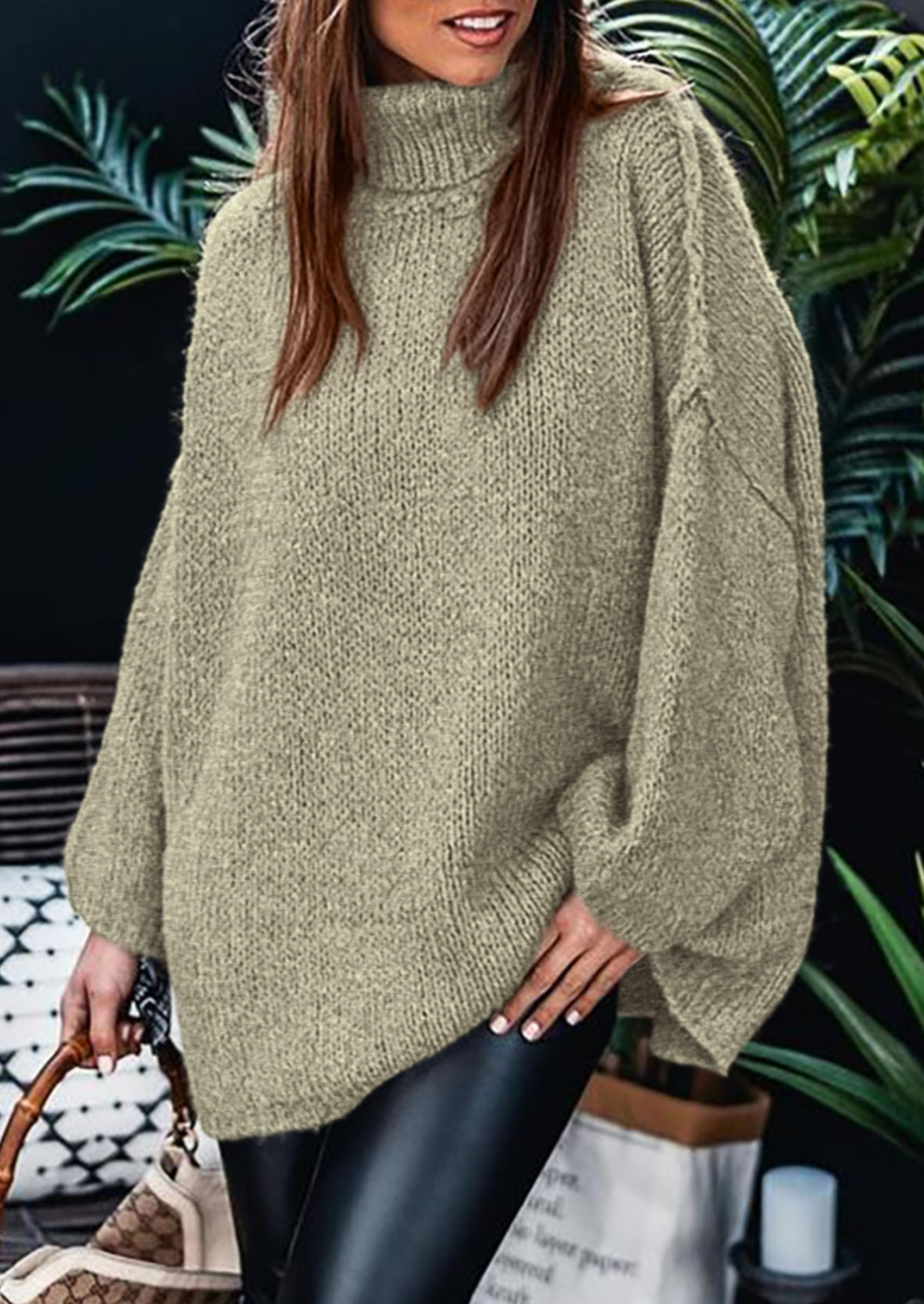 Womens Turtleneck Long Sleeve Oversized Sweaters,Light Green,S
