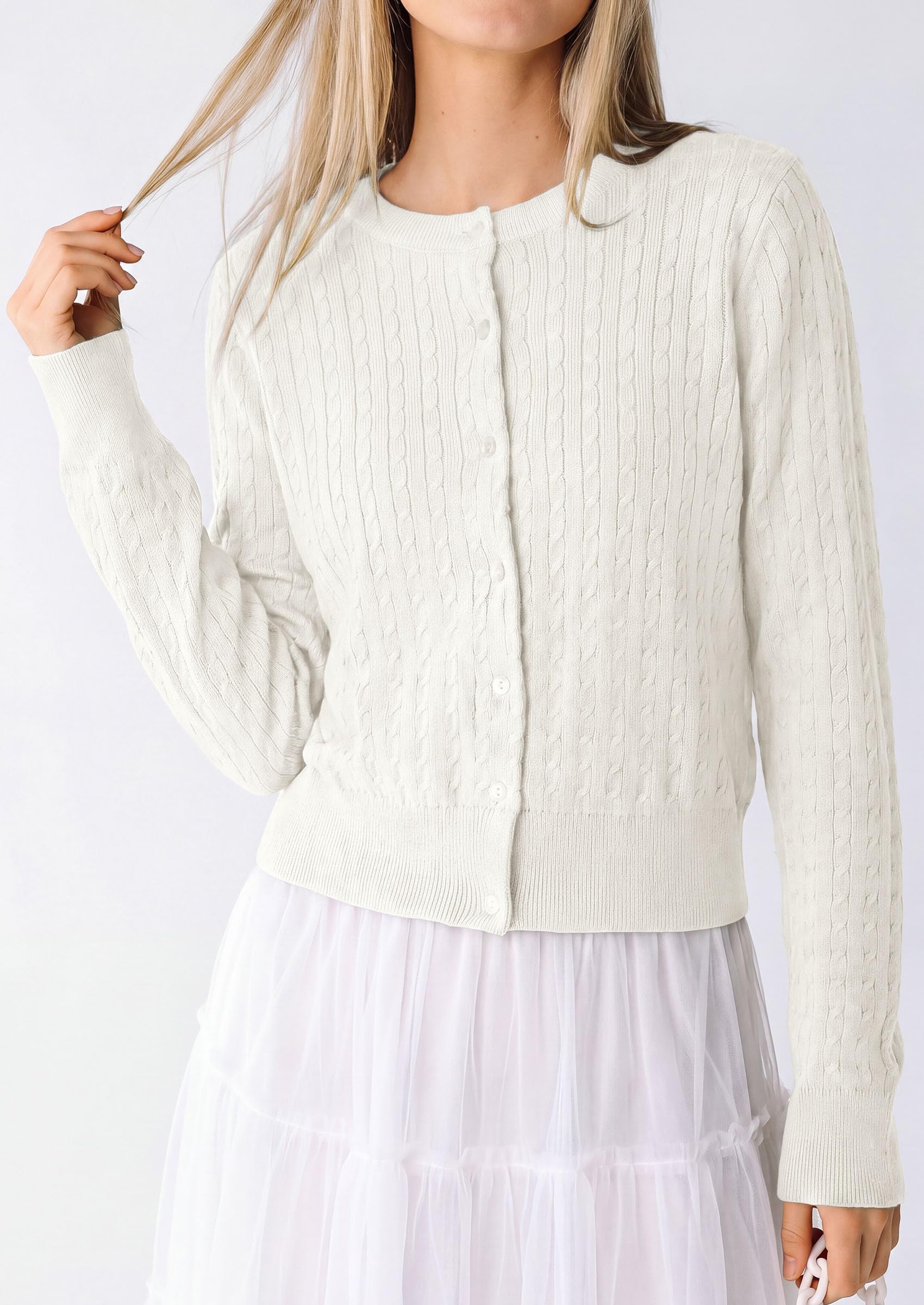 Women Fall Lightweight Cardigans Button Up Cable Knit Sweaters