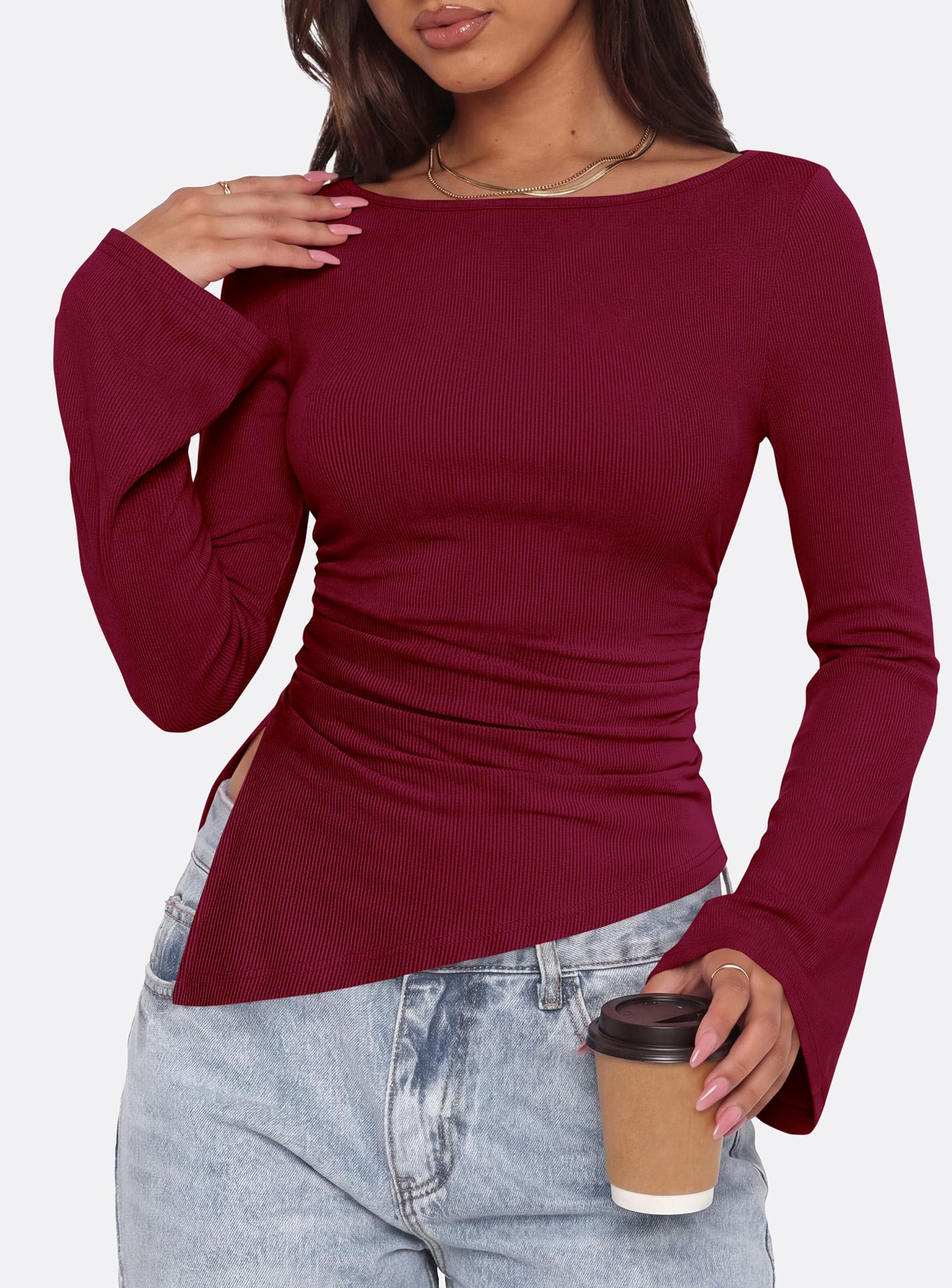 Womens Bell Long Sleeve Boat Neck Asymmetrical Tops Wine Red
