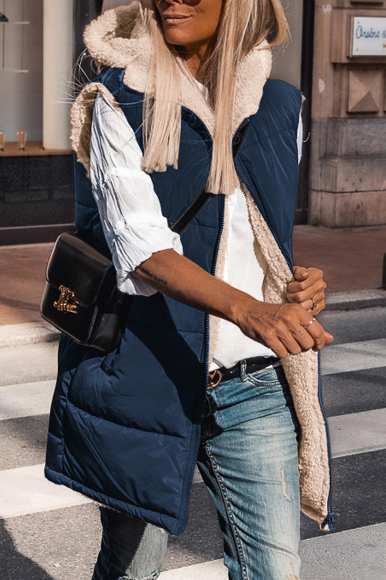 Women's Winter Reversible Fleece Long Vests(Navy,S)