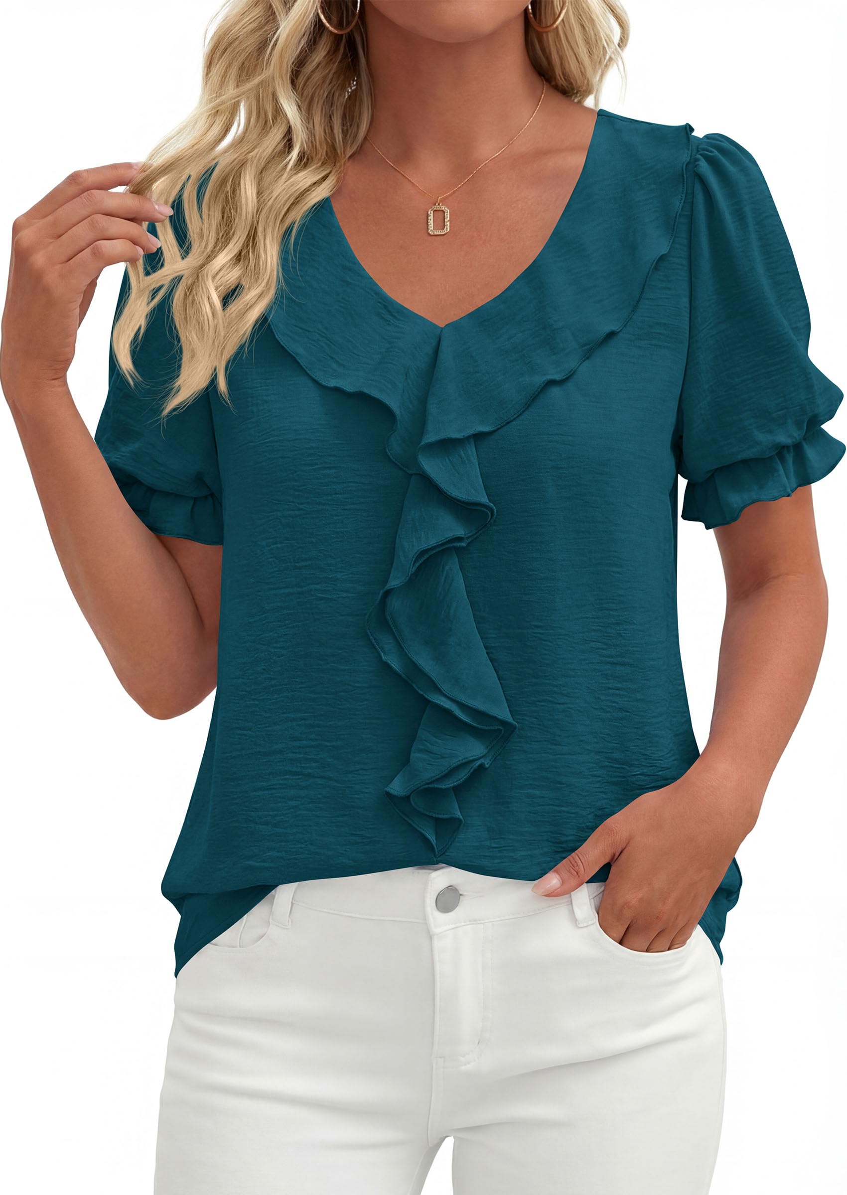Women's Summer Ruffle Dressy Casual Blouses (Dark Blue,S)