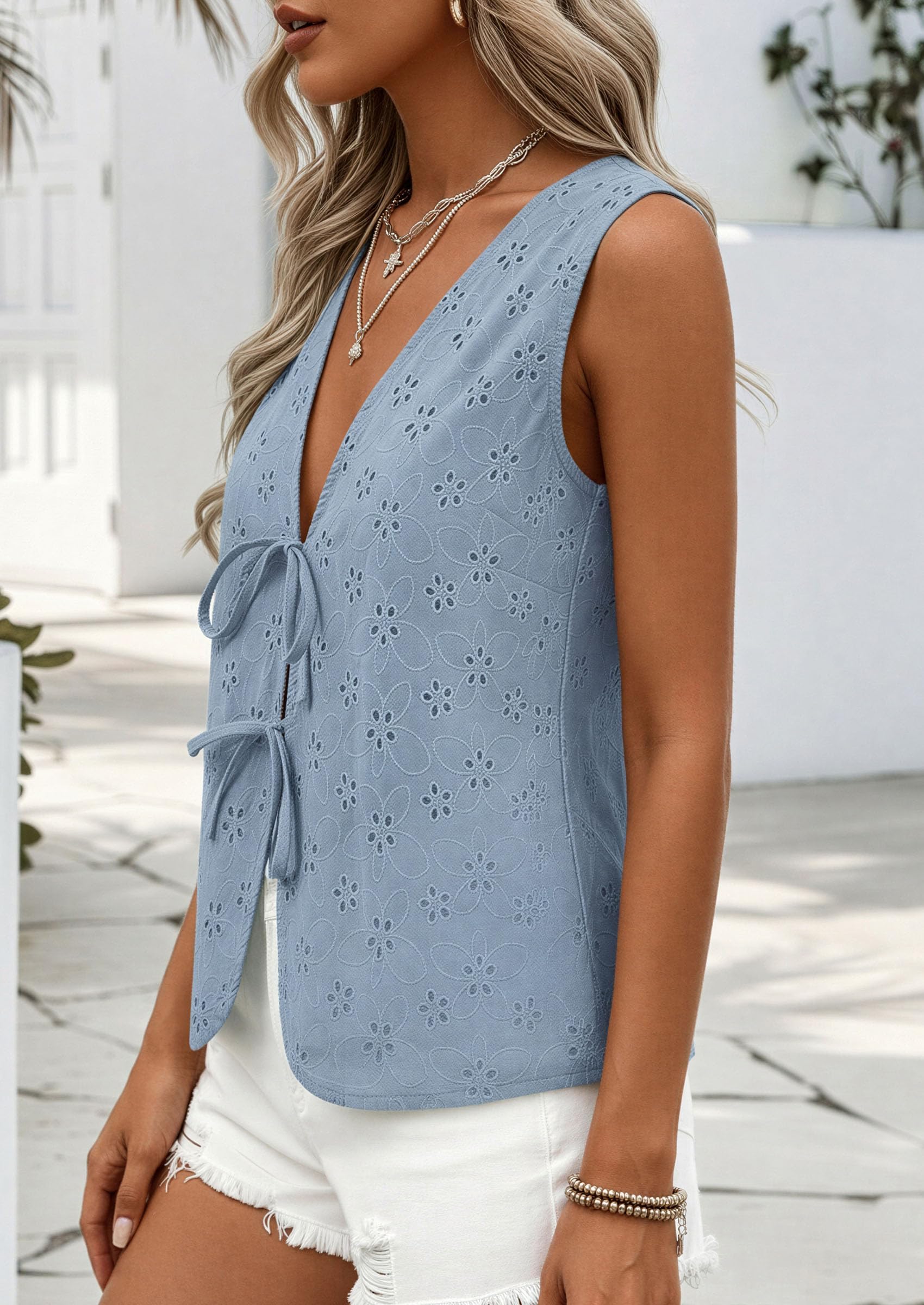 Women's Summer Eyelet Lace Tie Front Vest Tops (Dusty Blue,S)