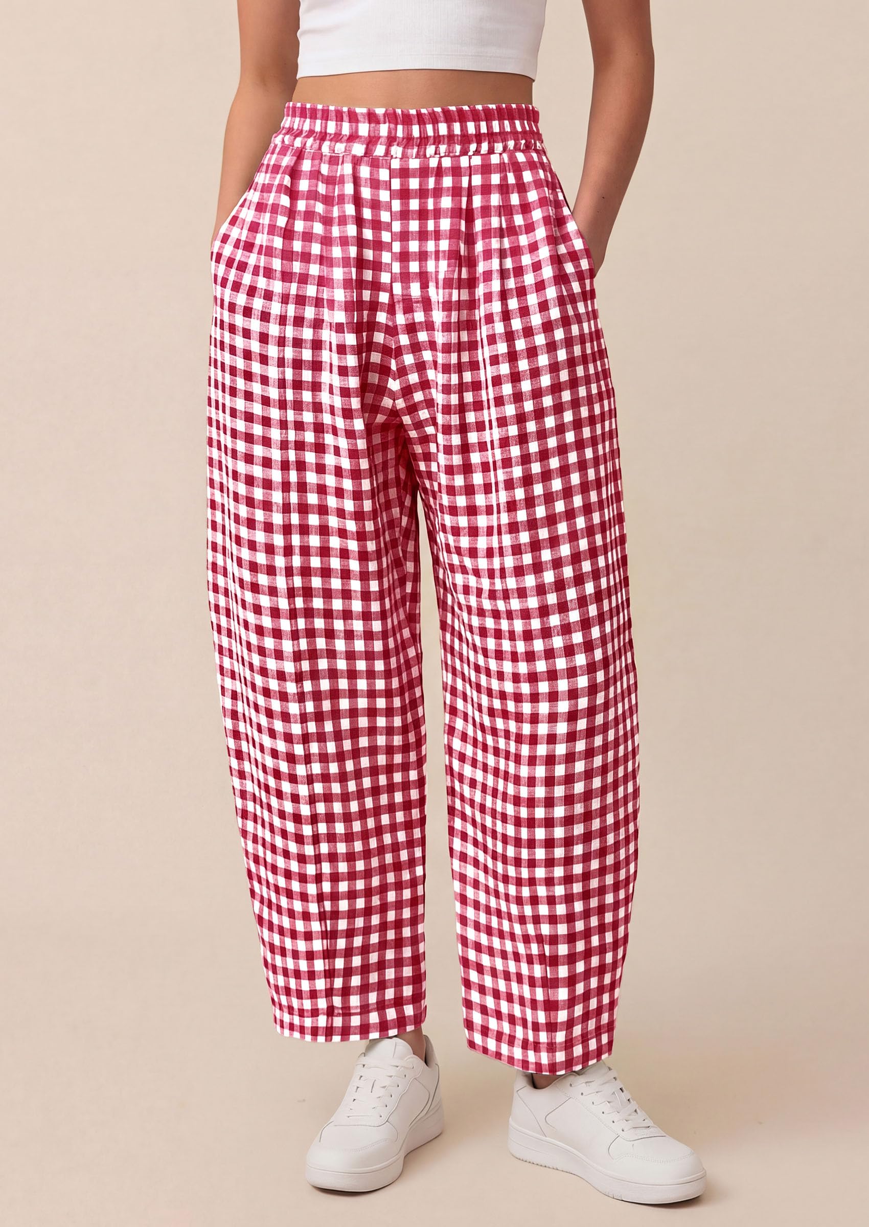 Plaid Barrel Pants Women Summer Bottoms, Red Plaid,S