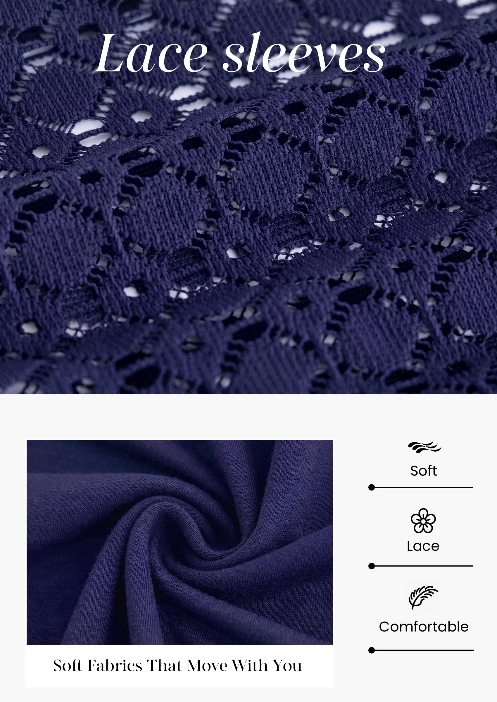 Women's Long Sleeve Shirts Fall Lace Tops,Navy Blue,S