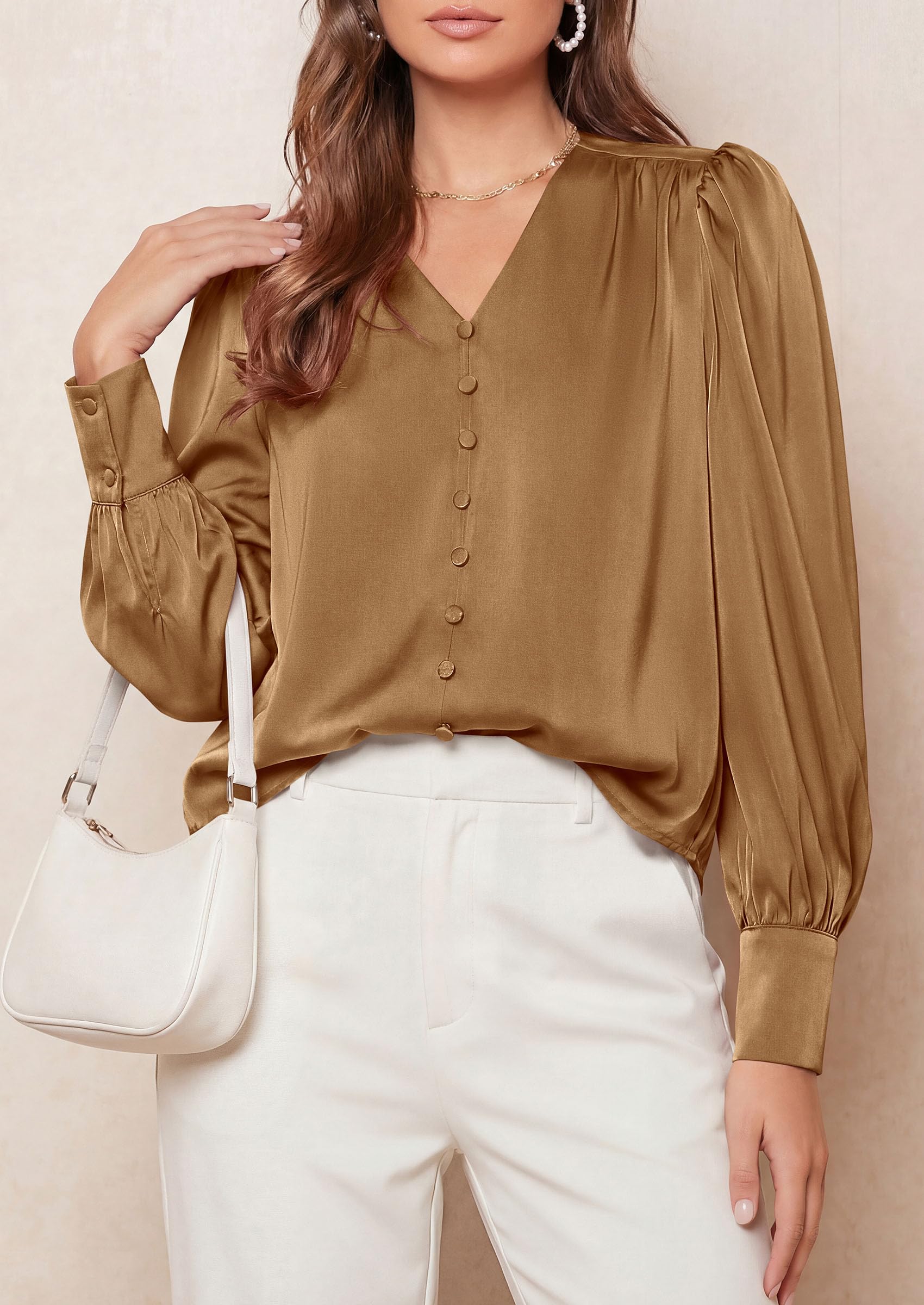 Womens Long Sleeve Satin Blouses Silk Business Casual Outfits