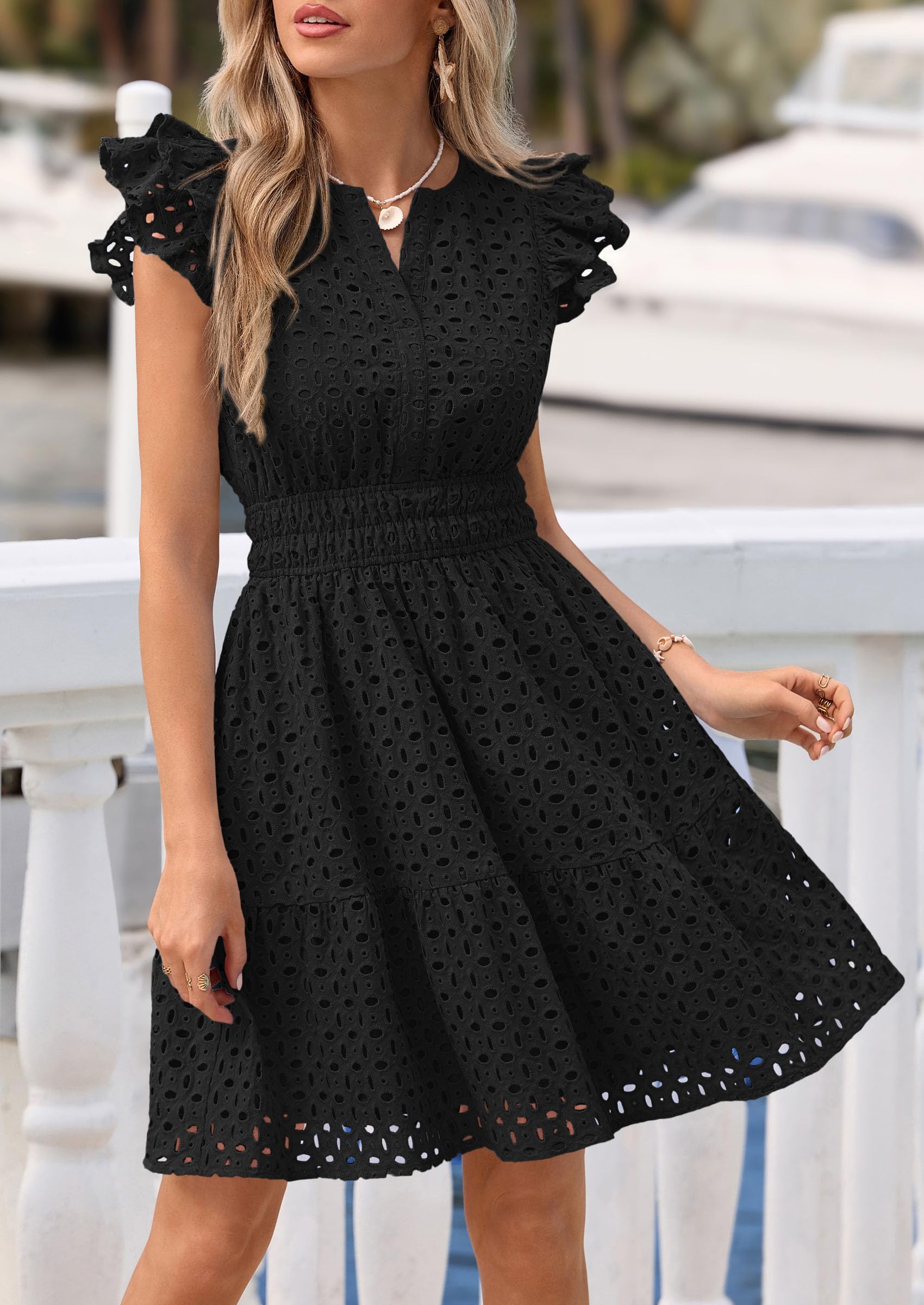 Women's Summer V Neck Eyelet Short Dress (Black,Small)