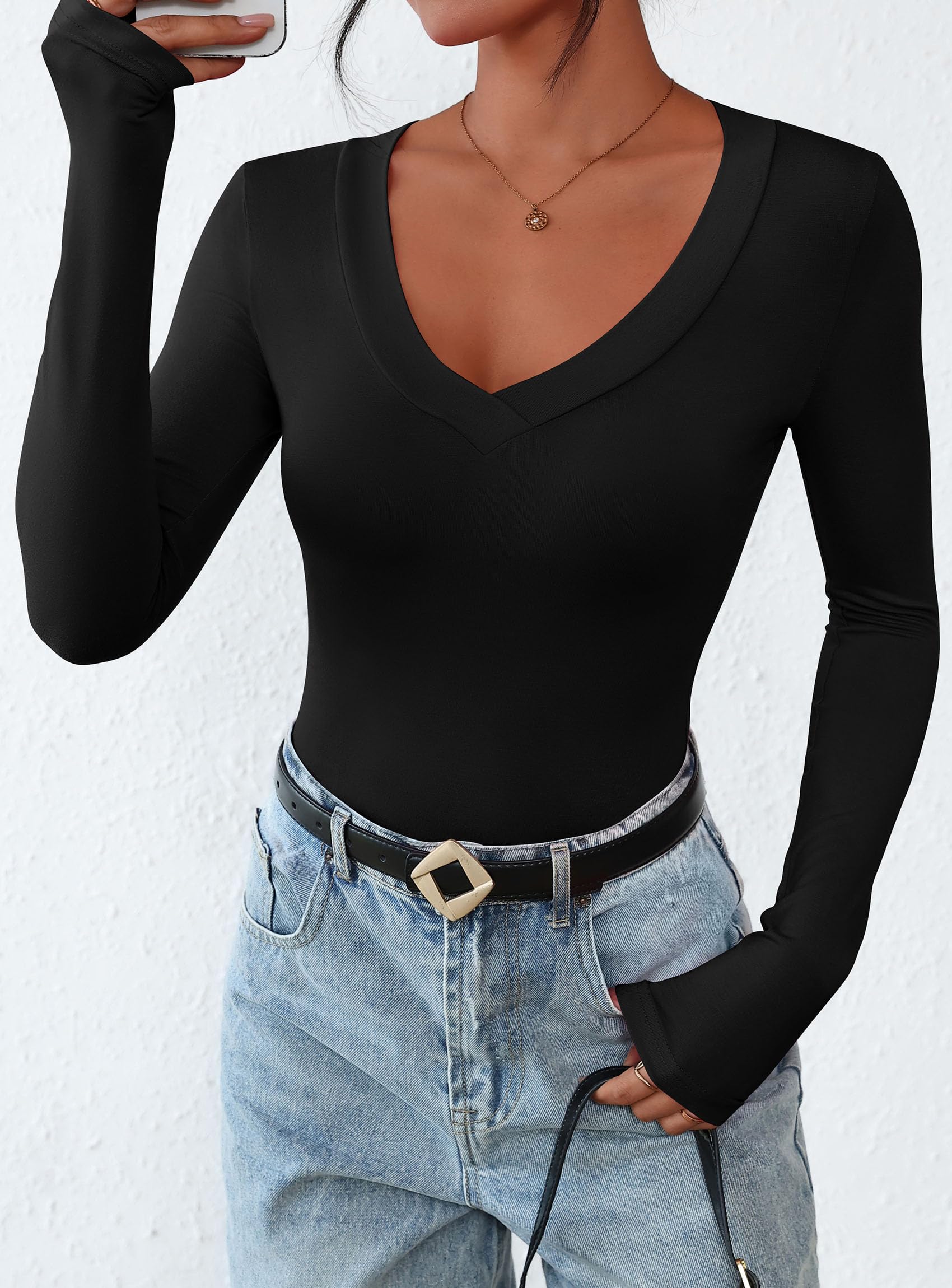 Women's V Neck Long Sleeve Shirts,Black,X-S