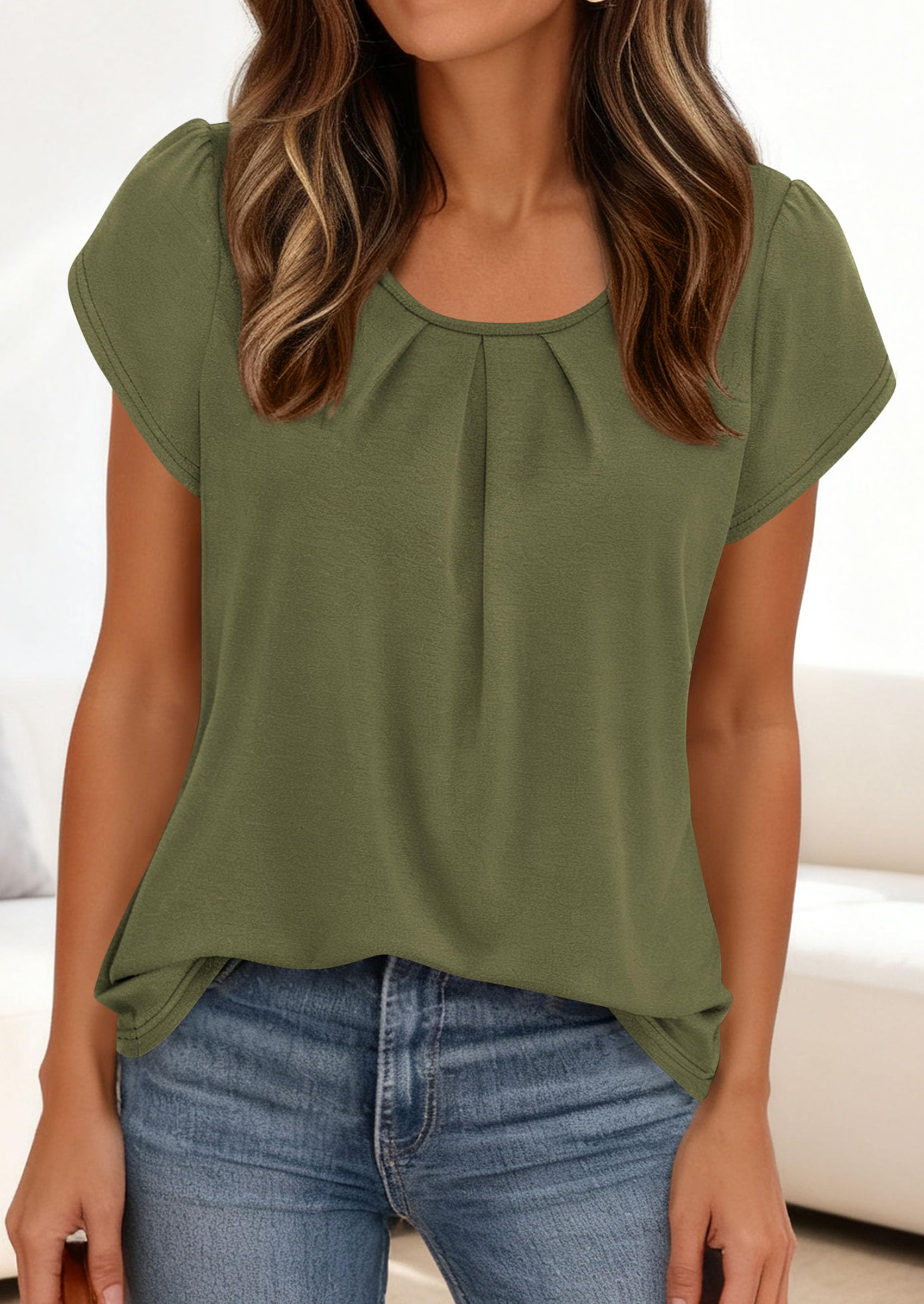 Women's Summer Short Sleeve Tops Casual Blouses,Army Green,S