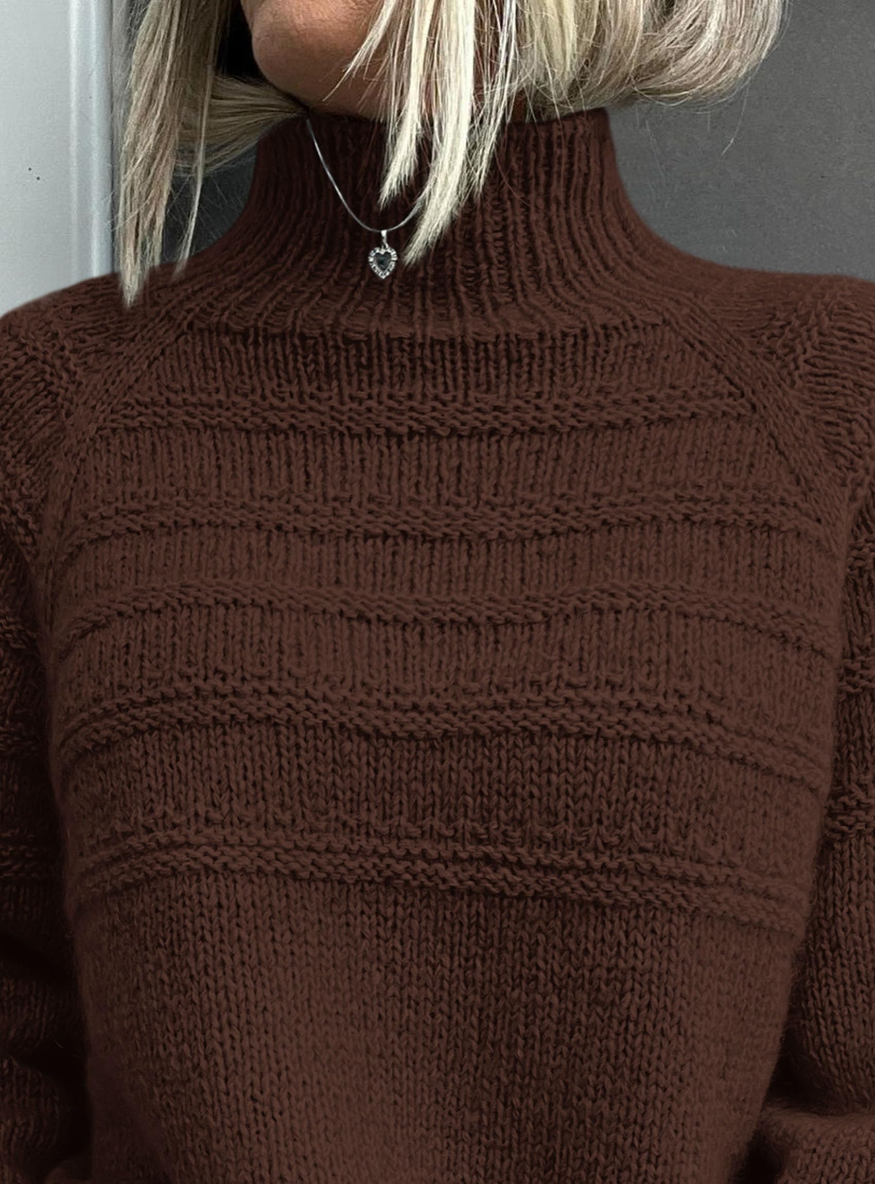 Women's Chunky Knit Mock Neck Pullover Sweaters,Brown,S