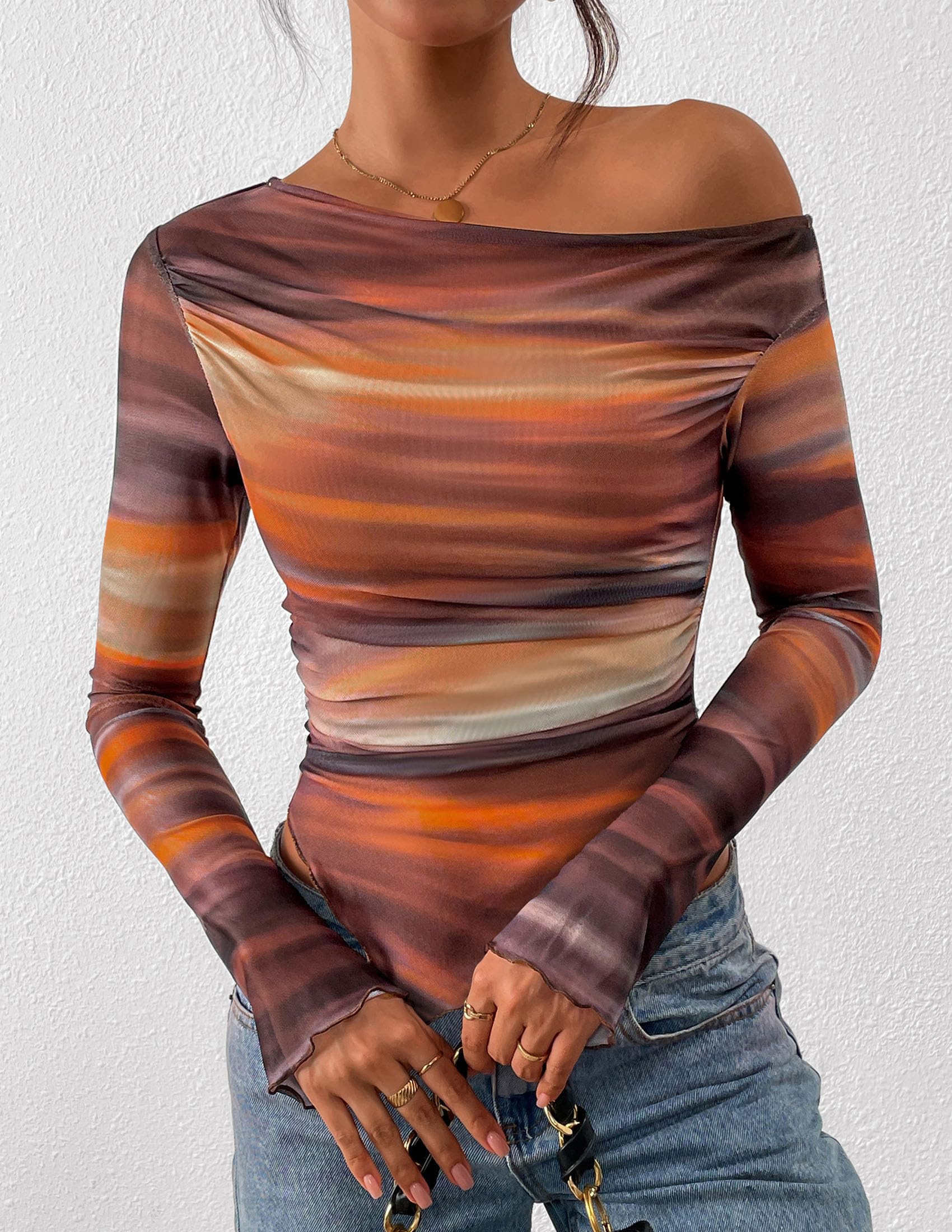 Womens Off Shoulder Mesh Y2k Tops,Floral Brown,M