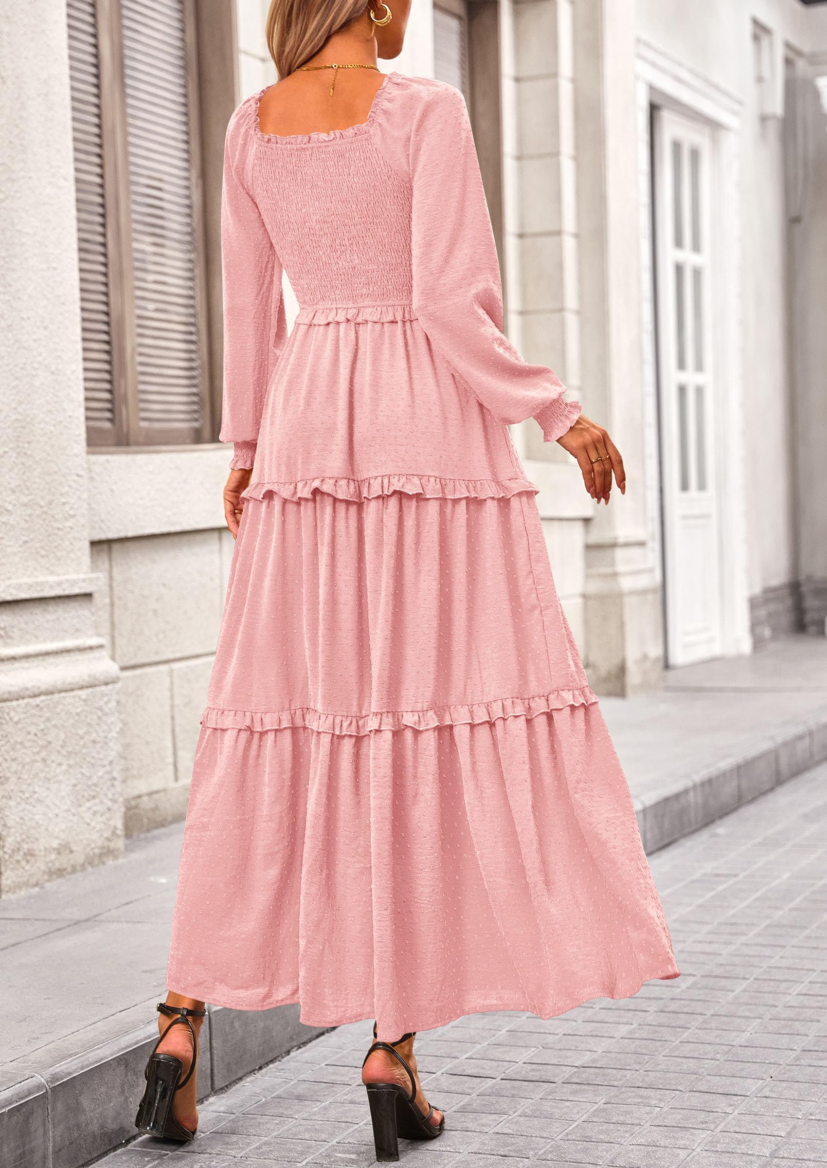 Women's Smocked Long Sleeve Maxi Dress Wedding Guest Dresses
