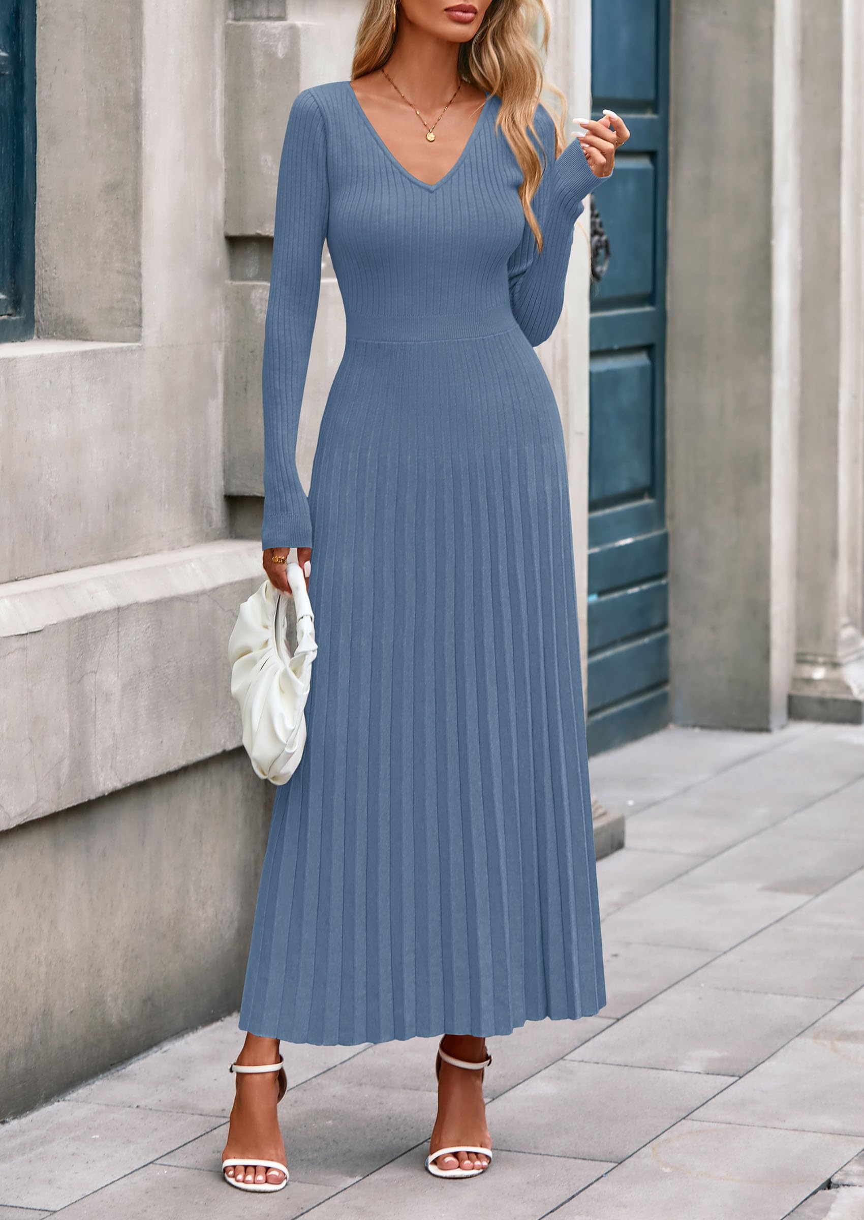 Sweater Dress Women Long Sleeve Maxi Flowy Pleated Dresses