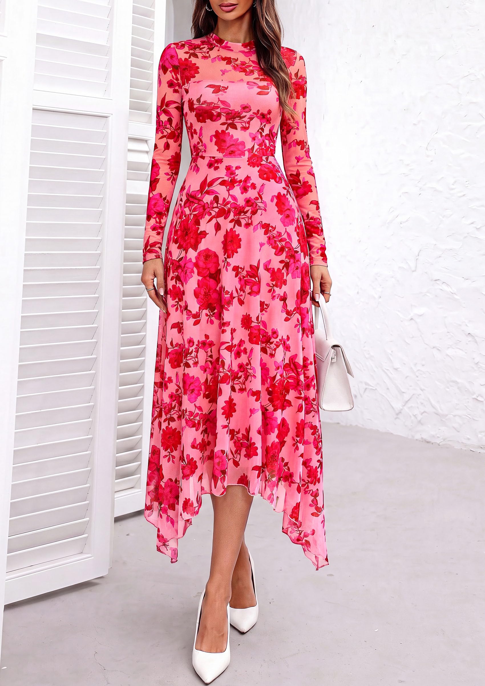 Women's Floral Mesh Midi Dress,Floral Pink Red,S