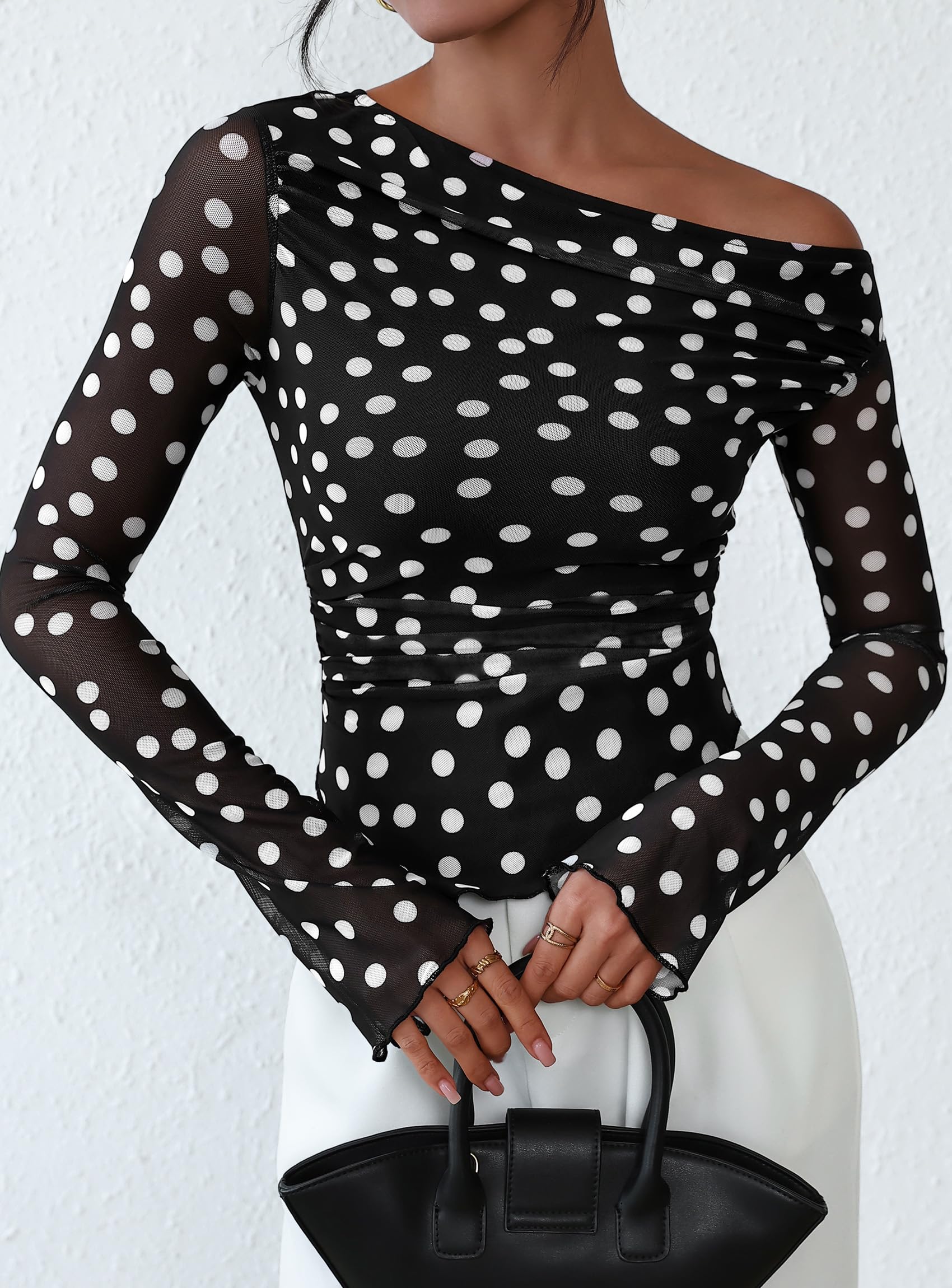 Womens Off Shoulder Mesh Y2k Tops,Small Dot Black,XS