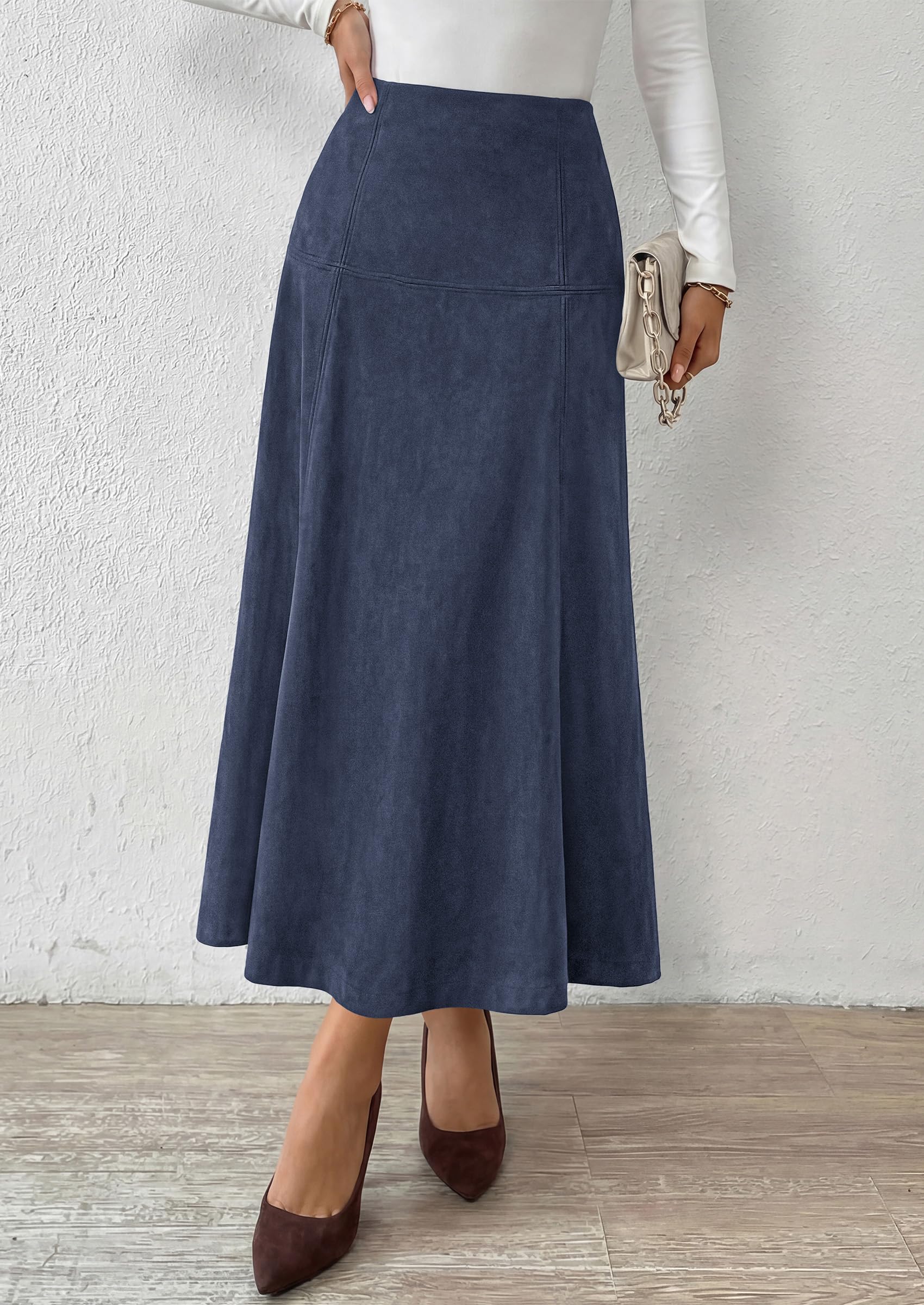 Womens High Waist Faux Suede A Line Midi Skirt,Navy,S