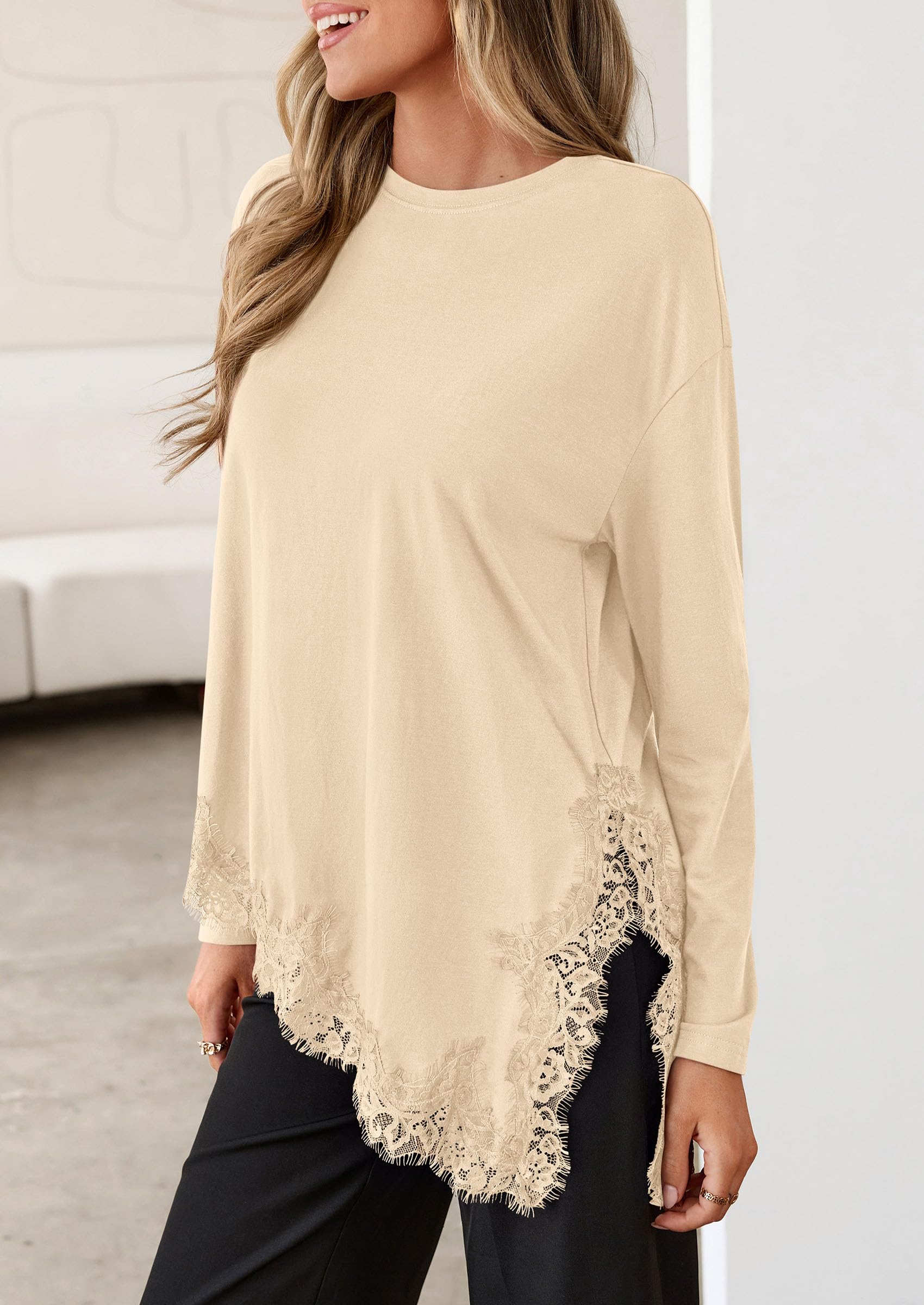 Women's Long Sleeve Asymmetrical Lace Tops Oversized Tshirts