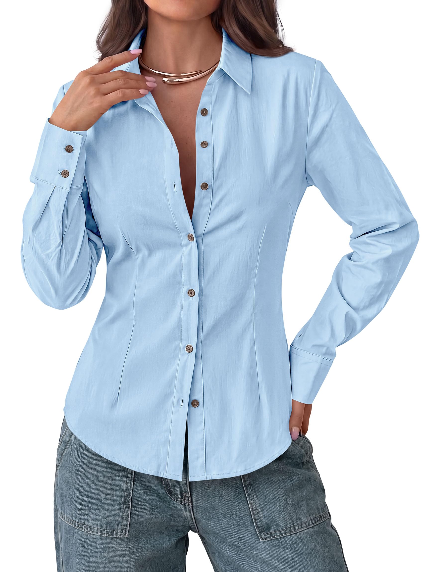 Womens Button Down Shirts Long Sleeve Blouse (Blue,S)