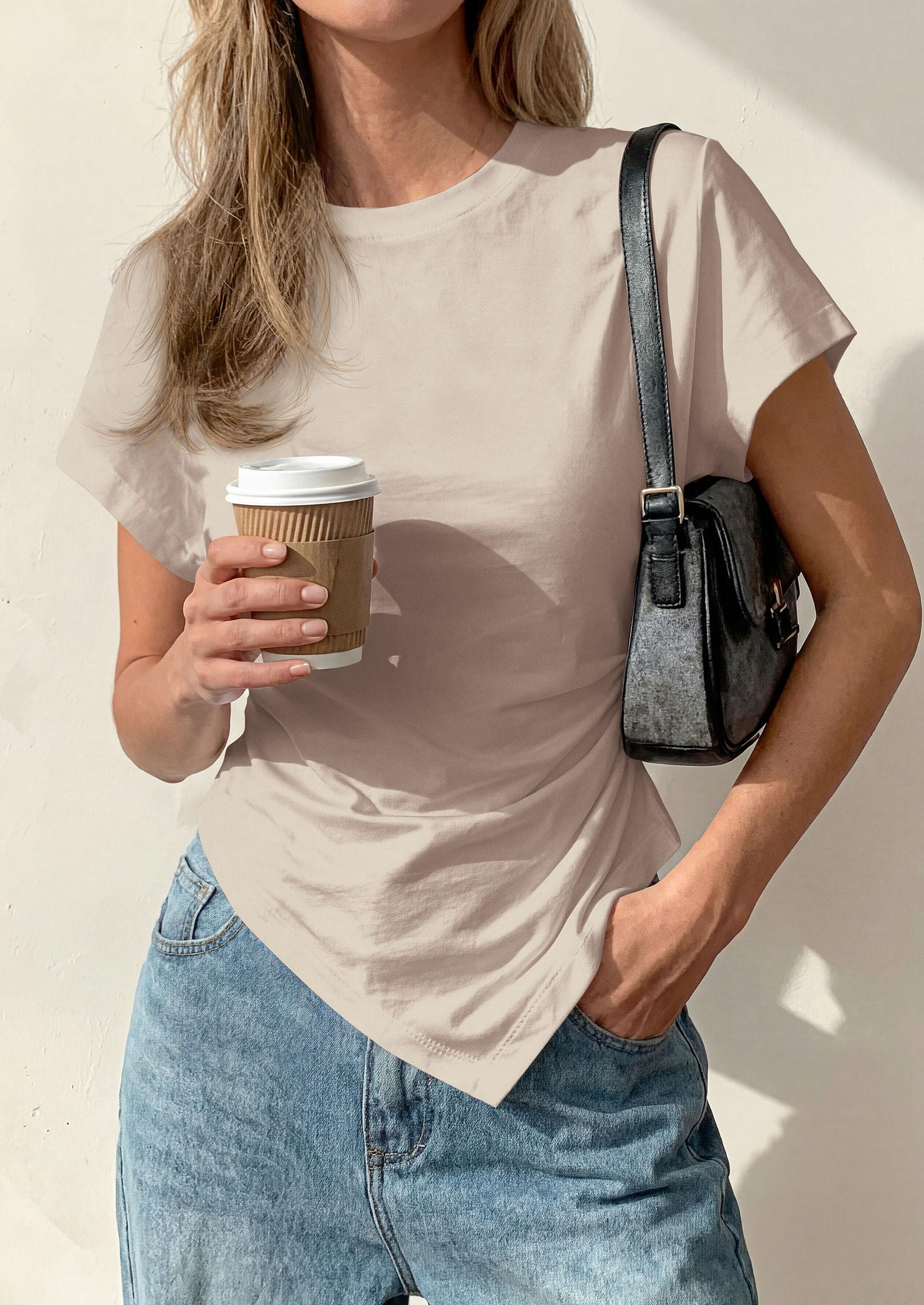 Womens Asymmetrical Summer Short Sleeve Tops,Light Khaki,XS