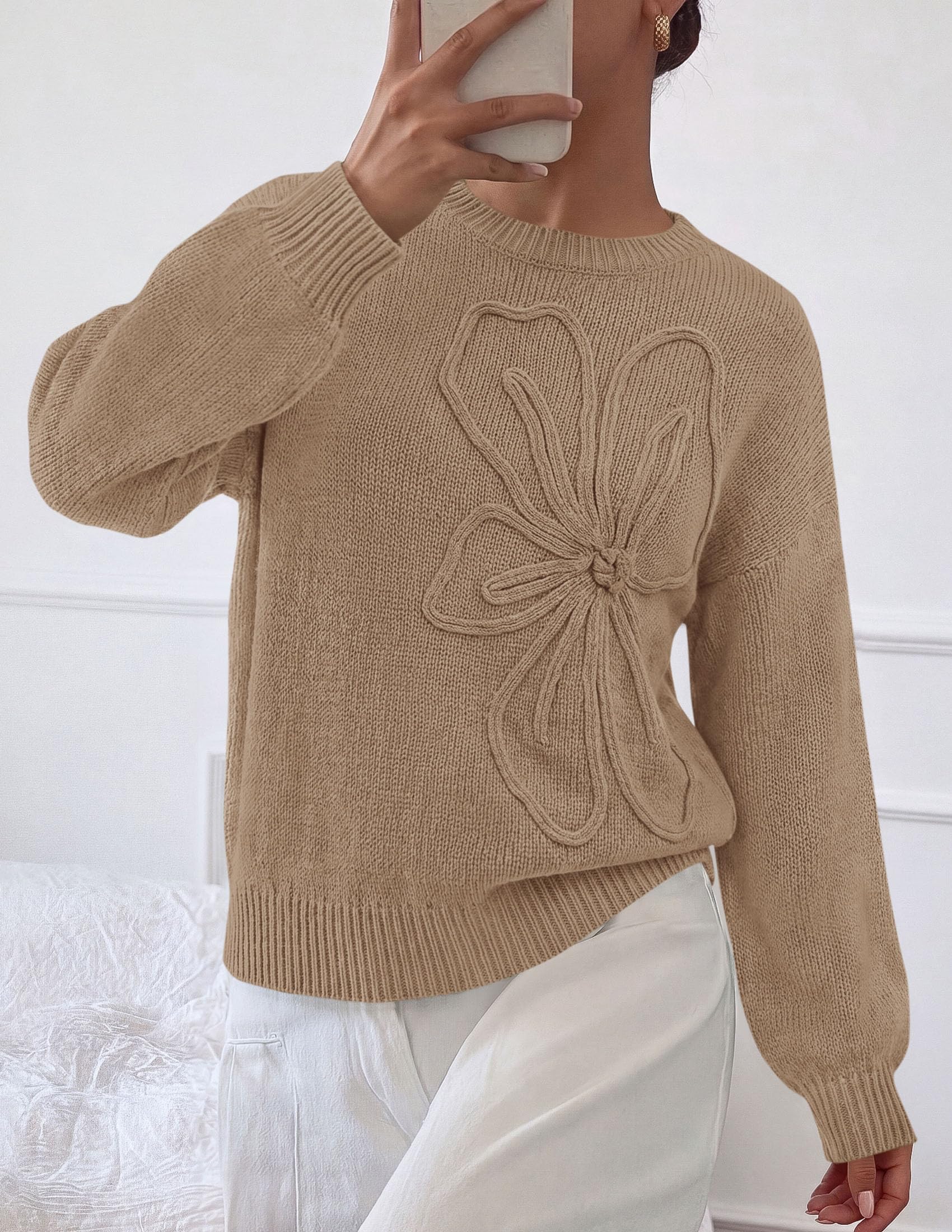 Women's Oversized 3D Floral Knit Sweater,Grey Khaki,S