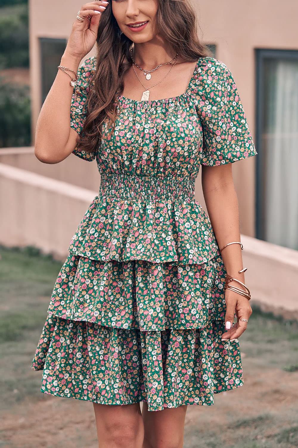 Women's Summer Floral Ruffle Short Dress Dark Green,S