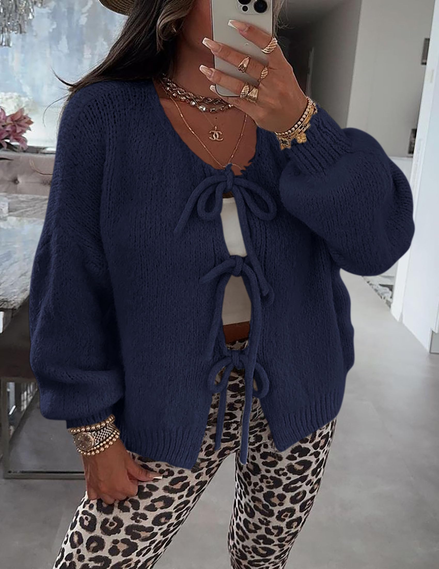 Women's Tie Front Bow Cardigan Sweaters(Navy,Small)