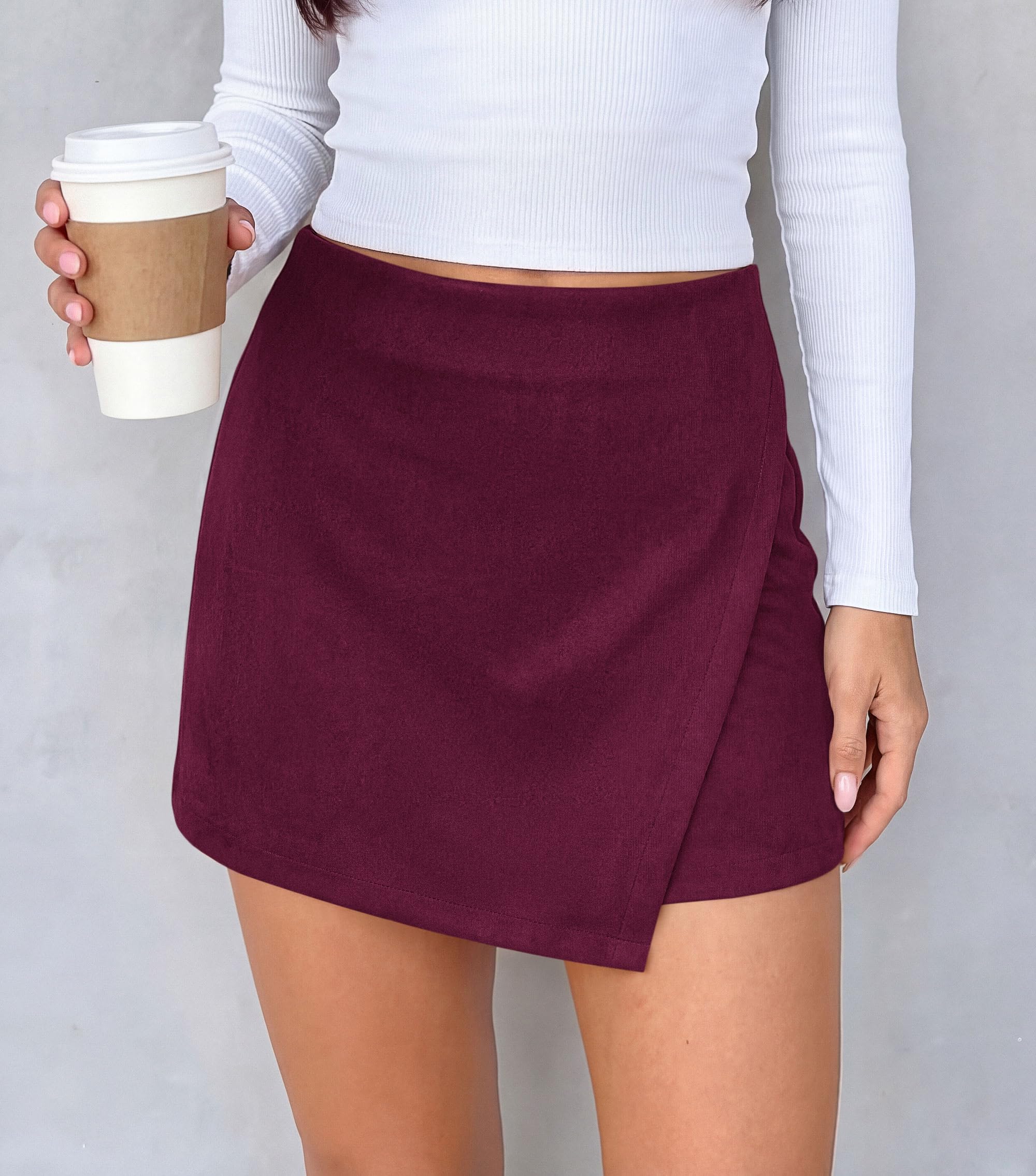 Womens High Waisted Mini Skirts Fall Faux Suede Wrap Skort