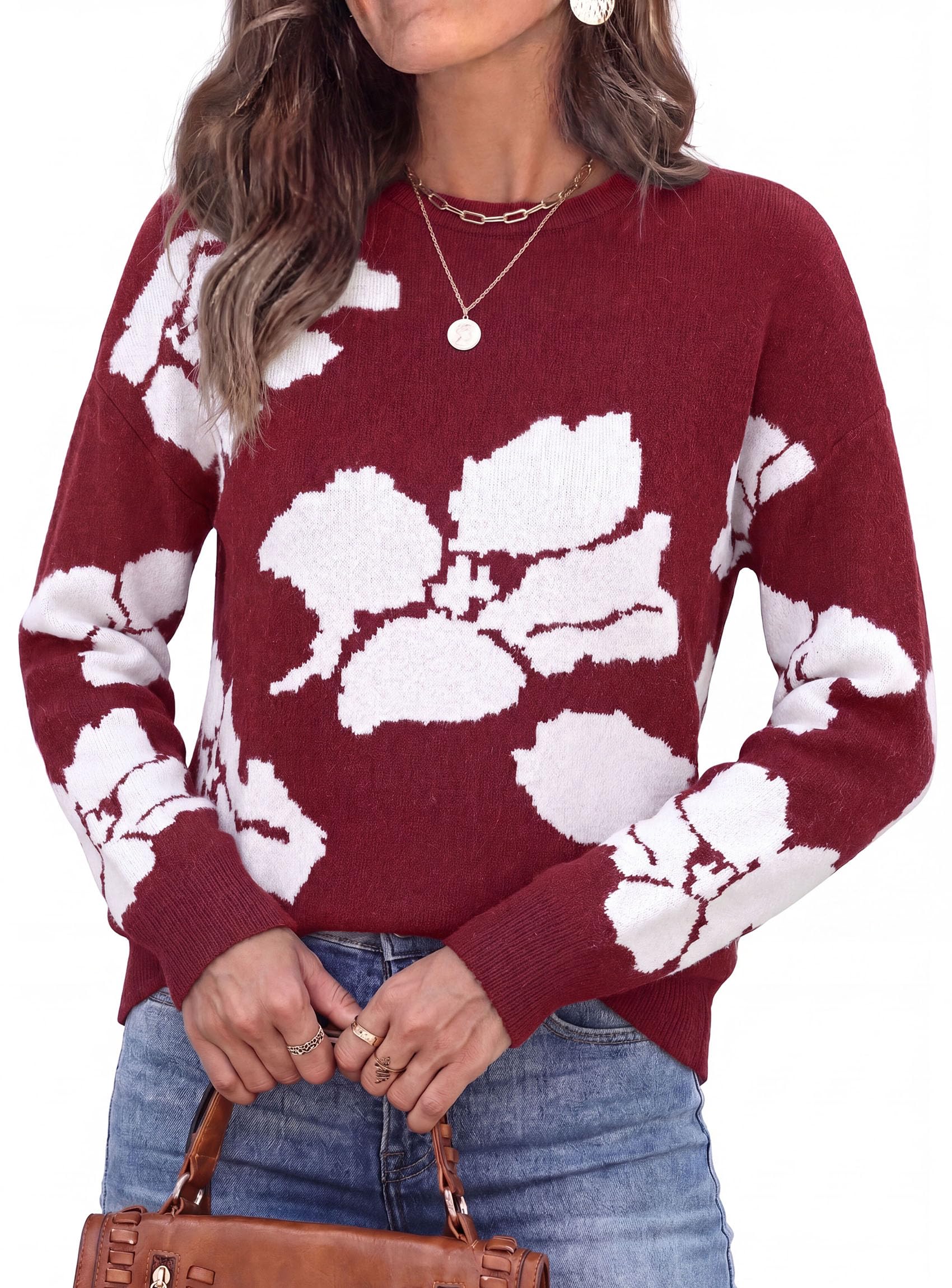 Womens Floral Sweater Crewneck Printed Pullover Tops Wine Red