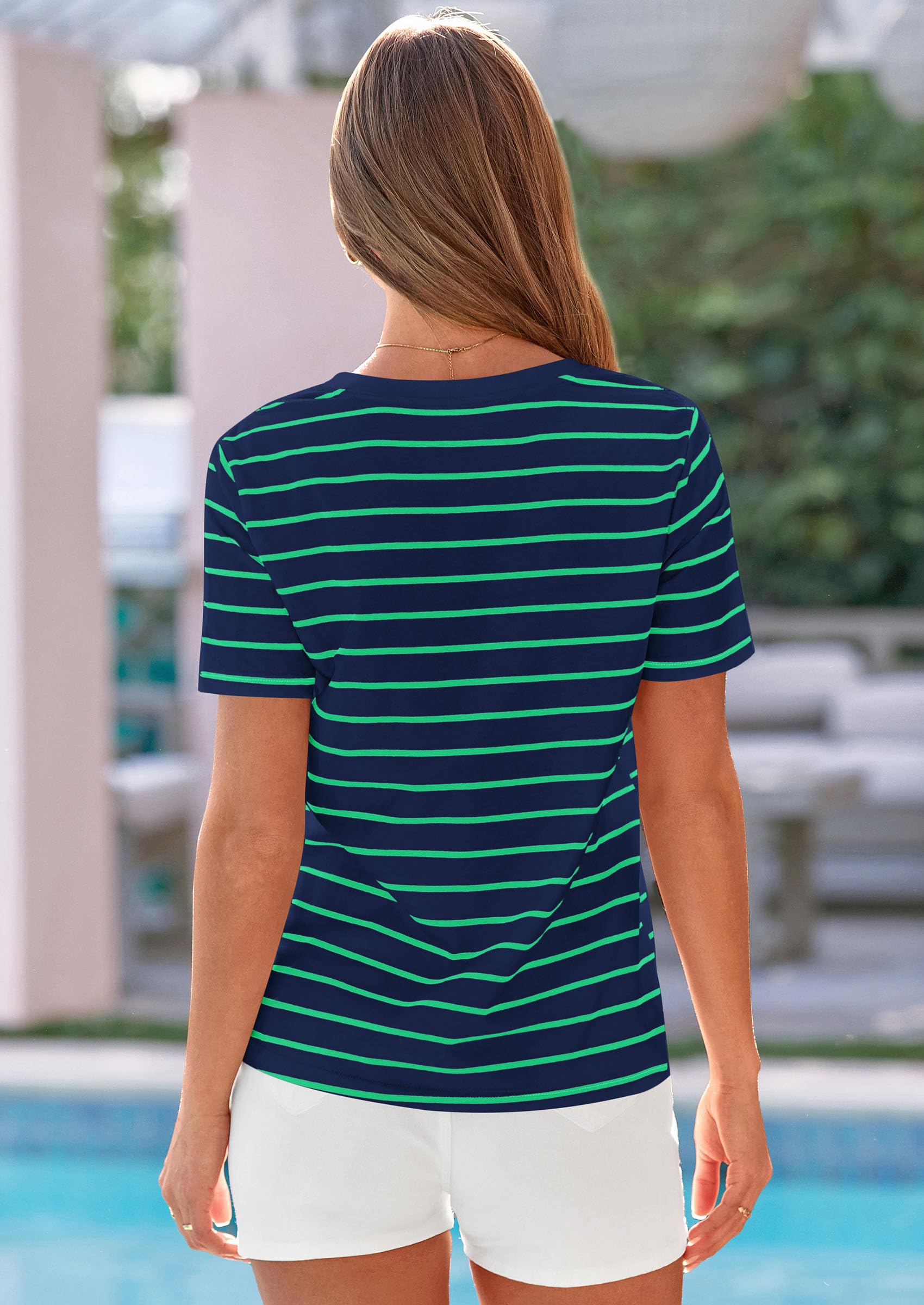 Striped Short Sleeve Womens Tops,Striped Blue Green,S